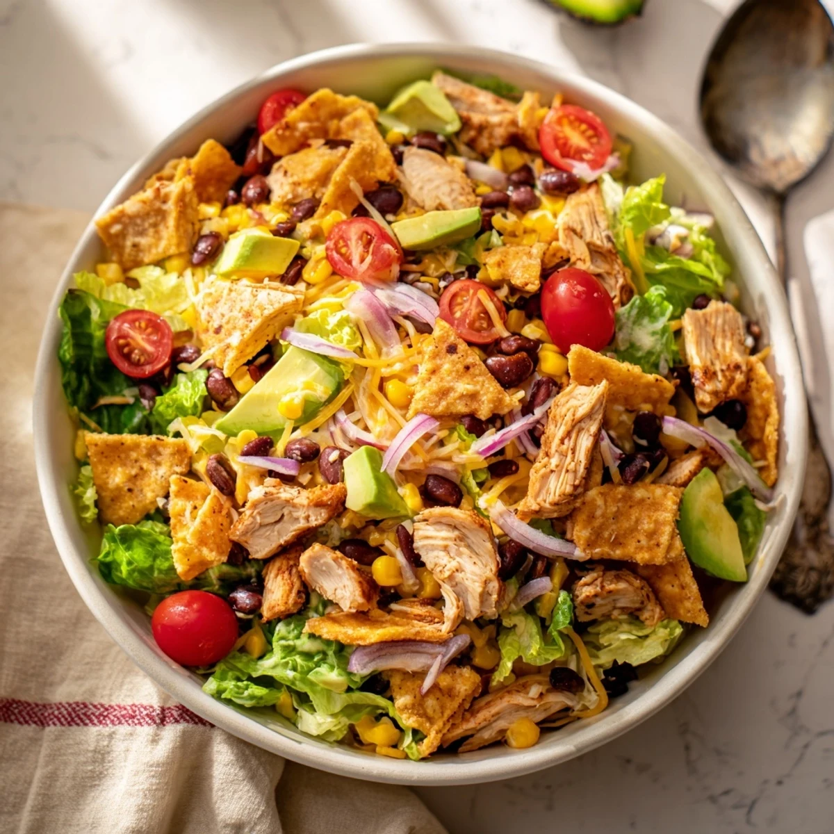 A close-up of Chicken Taco Chopped Salad featuring seasoned chicken and creamy salsa ranch dressing.  
