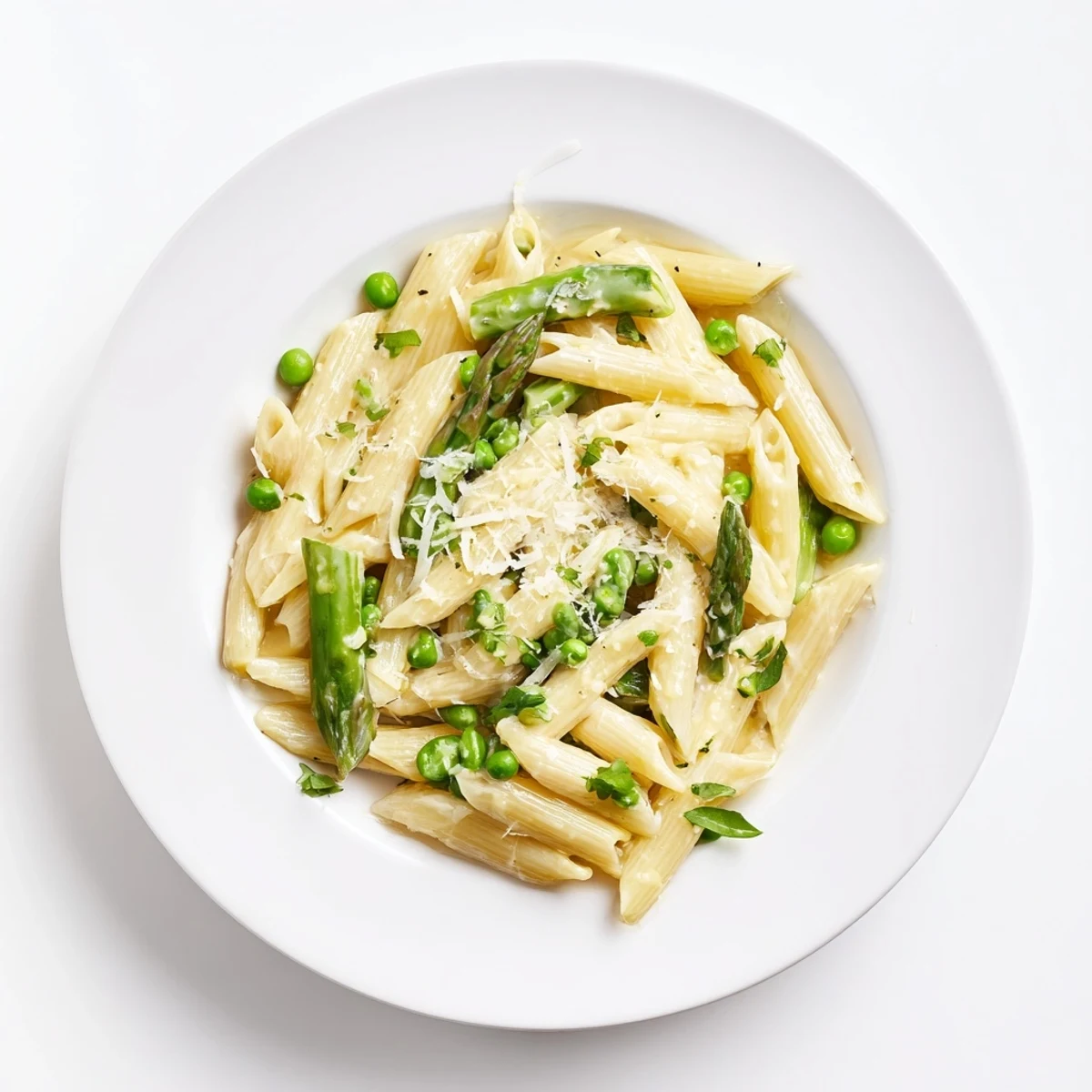 Garlic Parmesan Spring Vegetable Pasta in a white bowl, garnished with lemon zest and basil, highlighting the creamy sauce coating each piece of pasta.