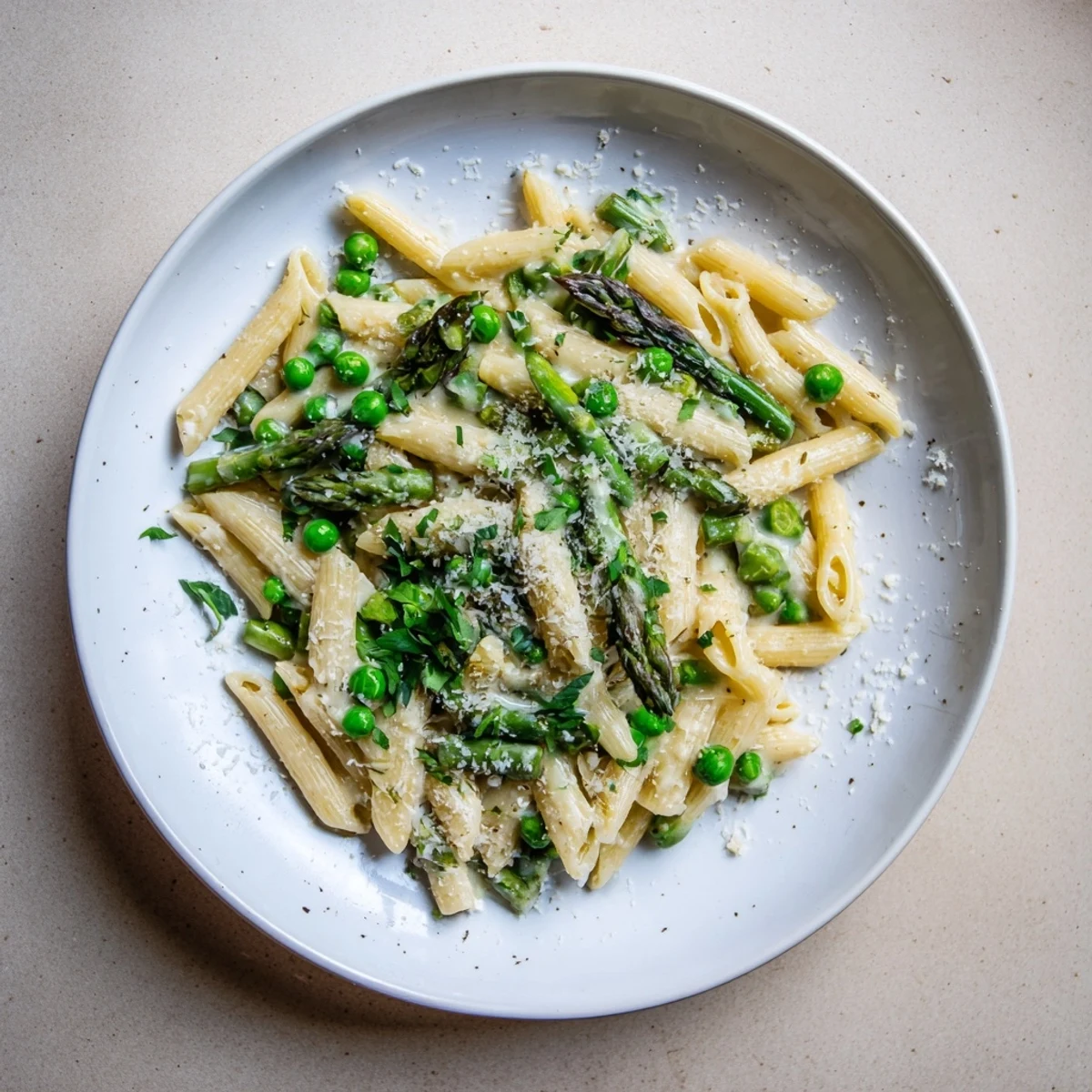 A close-up of creamy Garlic Parmesan Spring Vegetable Pasta, with bright green asparagus, peas, and green beans nestled in penne and topped with fresh parsley.