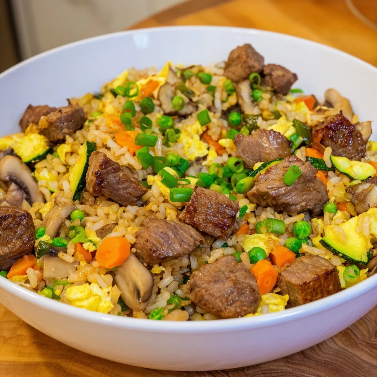 Steaming hibachi steak cubes and colorful fried rice sizzling in a skillet, topped with sliced green onions for a weeknight Japanese-American dinner.