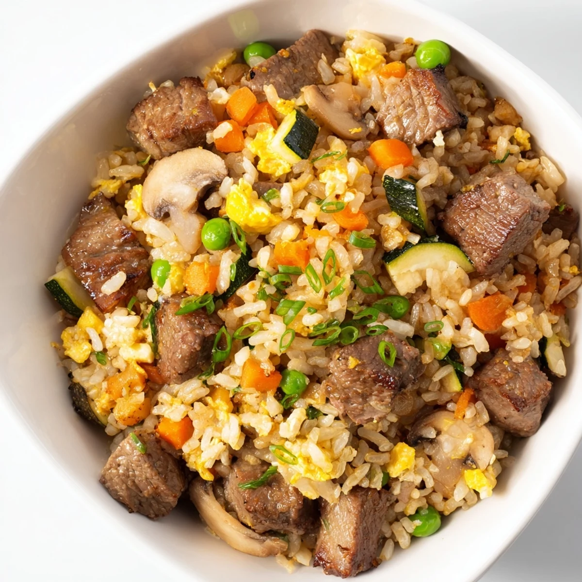 Golden-brown fried rice with diced carrots, peas, and tender steak pieces, garnished with sesame seeds on a rustic kitchen counter for a home-cooked meal.