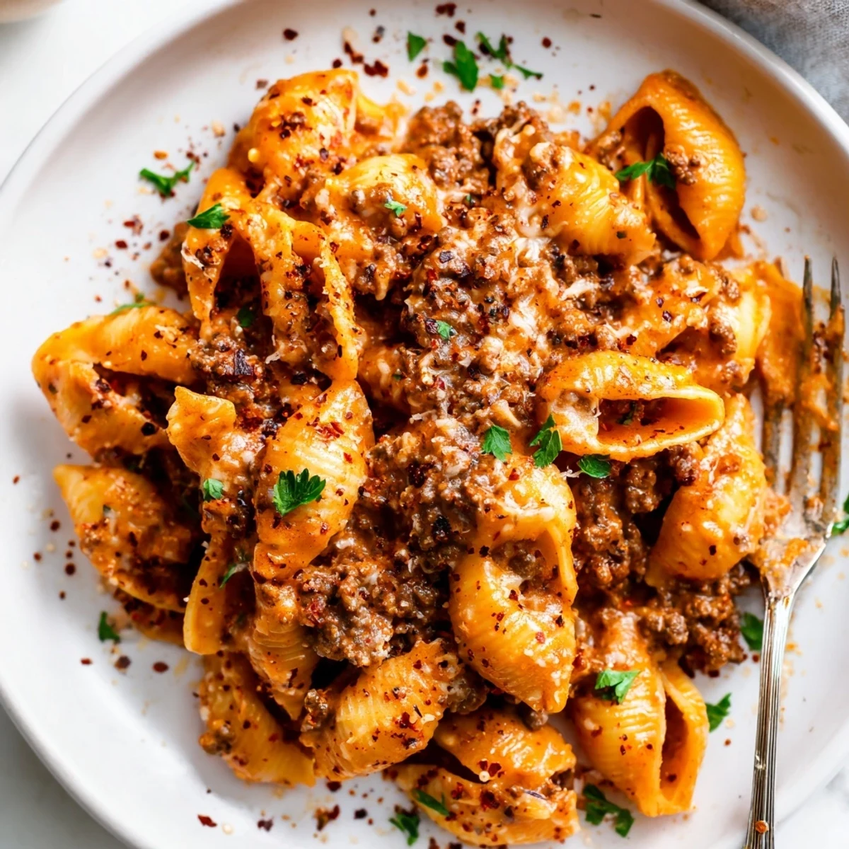 One pot creamy beef and shells in a skillet, steam rising from the rich tomato sauce and melted cheese.  
