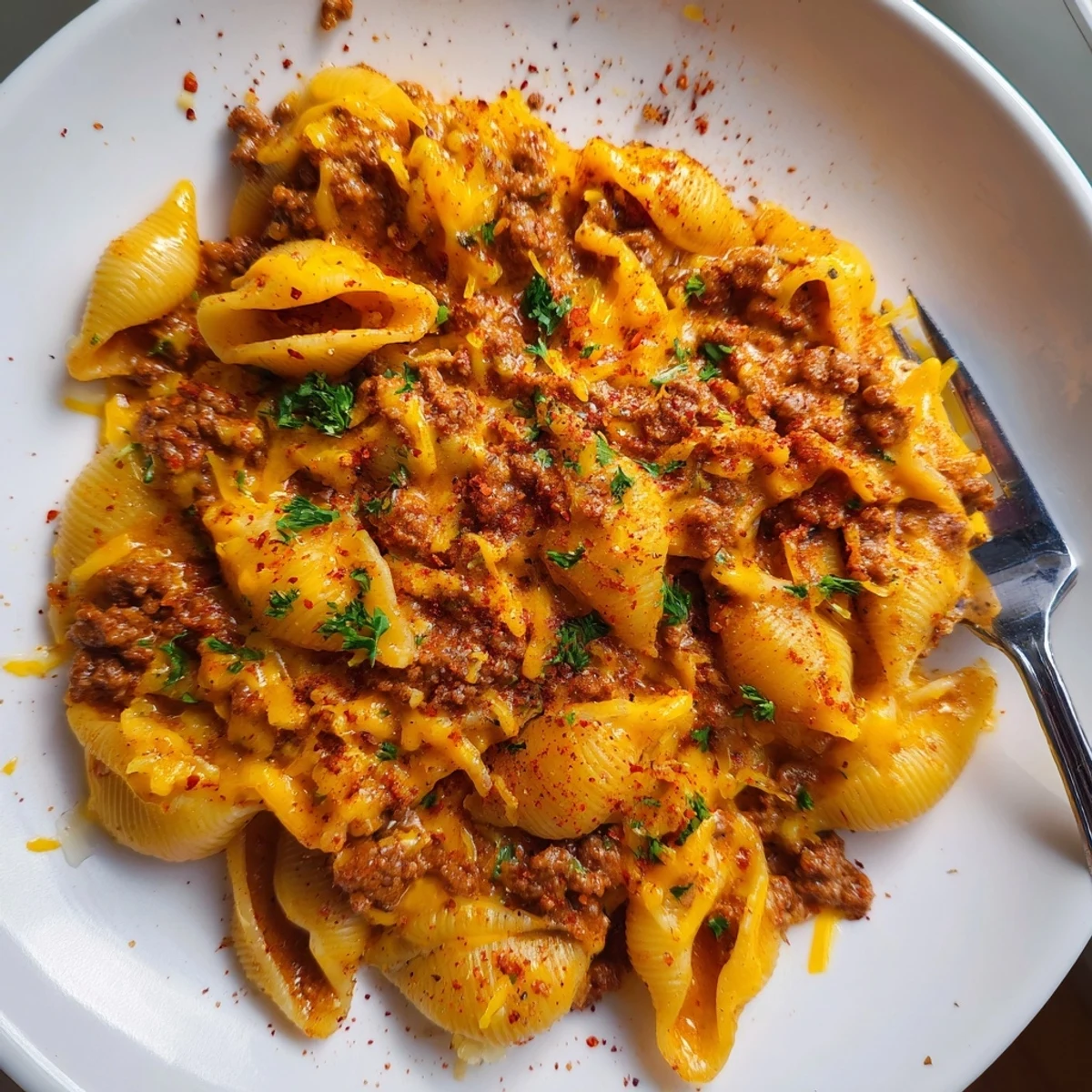 Close-up of one pot creamy beef and shells, pasta shells coated in velvety cheese sauce with tender beef.