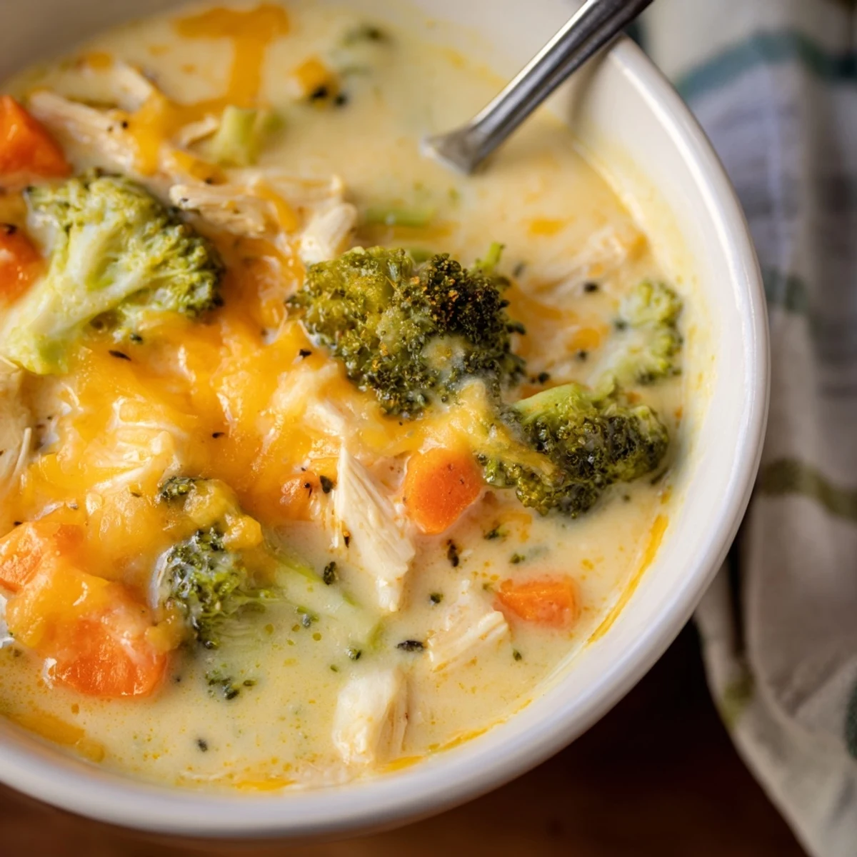 Steaming bowl of homemade Chicken Broccoli Cheddar Soup, with chunks of chicken, fresh broccoli, and carrots in a velvety cheddar broth.  