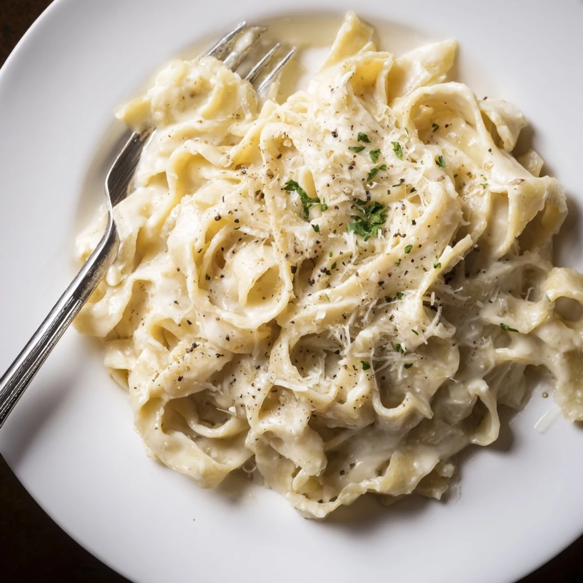 Steaming bowl of Easy Creamy Cauliflower Alfredo tossed with fettuccine, garnished with fresh parsley and Parmesan.