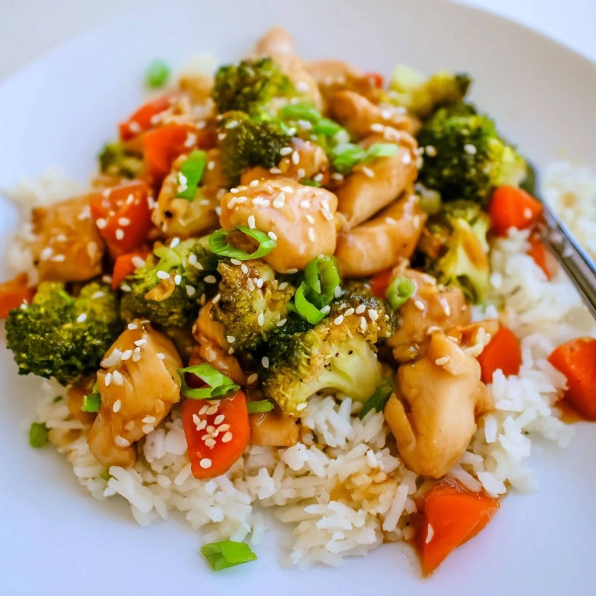 Golden-brown chicken and fluffy rice simmer in a honey garlic sauce in a skillet with tender broccoli florets.