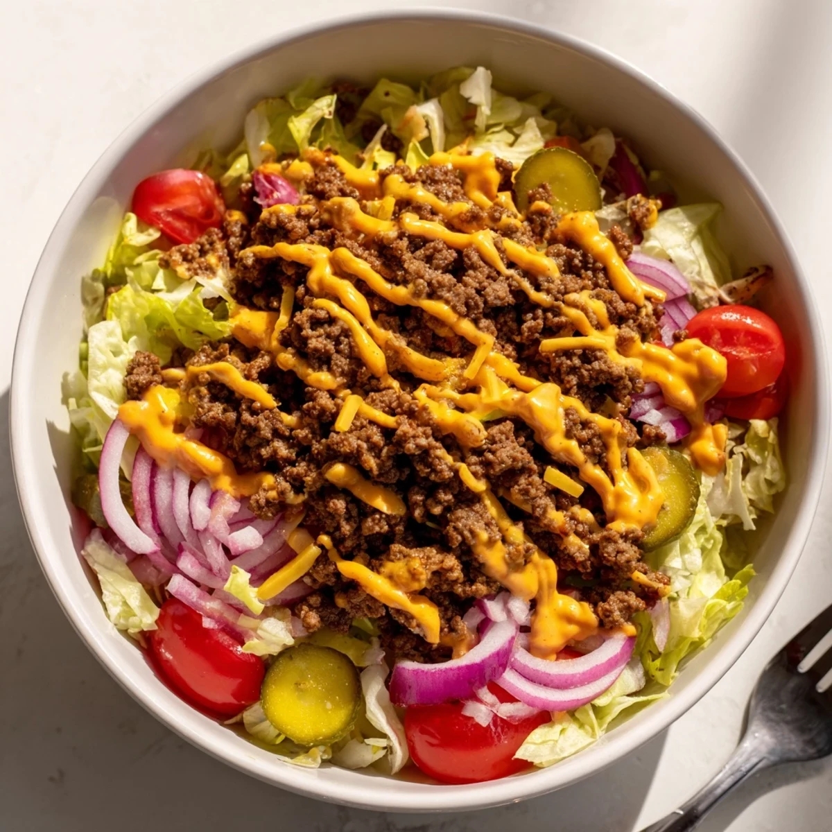 Ready-to-serve Easy Big Mac in a Bowl, garnished with cherry tomatoes and pickles for a quick meal.