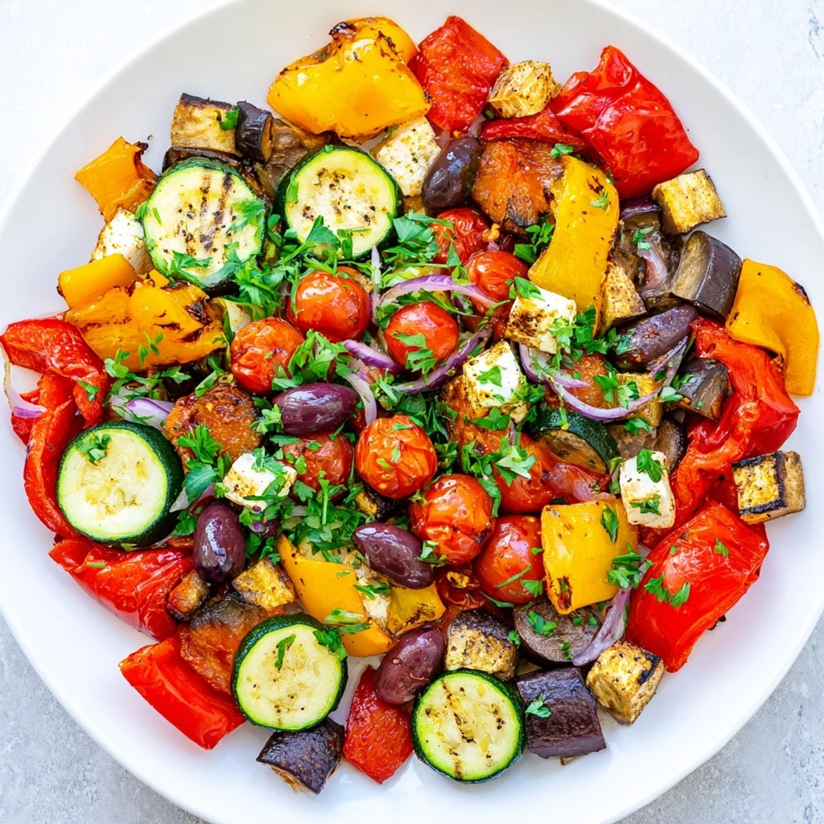Roasted Greek Salad features caramelized bell peppers and eggplant, topped with feta and Kalamata olives on a bed of cucumber.