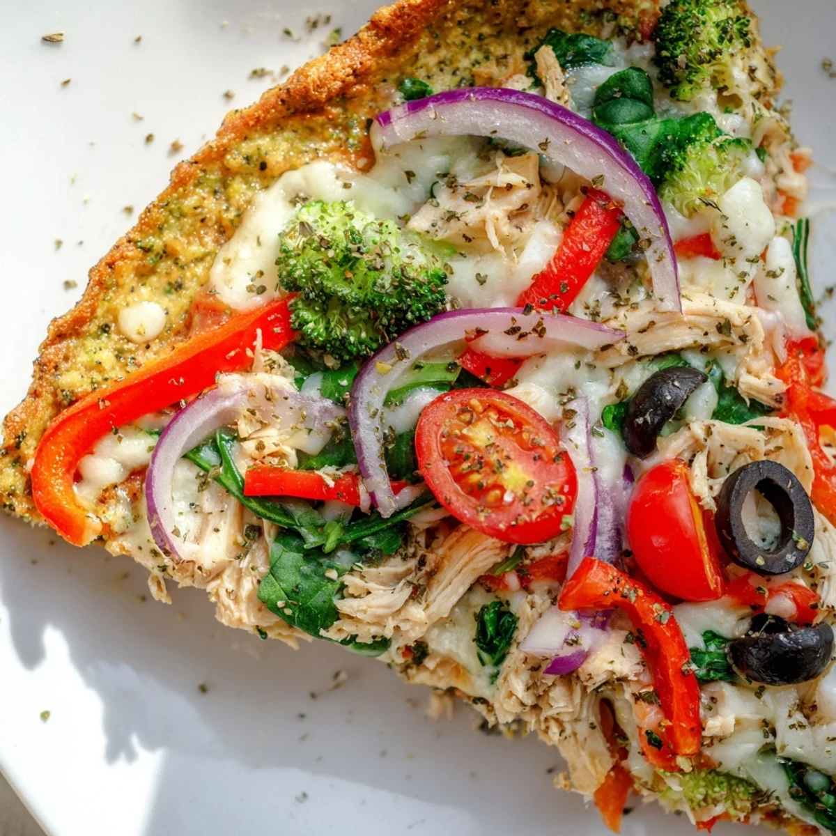 Golden-brown Broccoli Chicken Crust Pizza topped with melted mozzarella, colorful bell peppers, and halved cherry tomatoes on a rustic wooden table.
