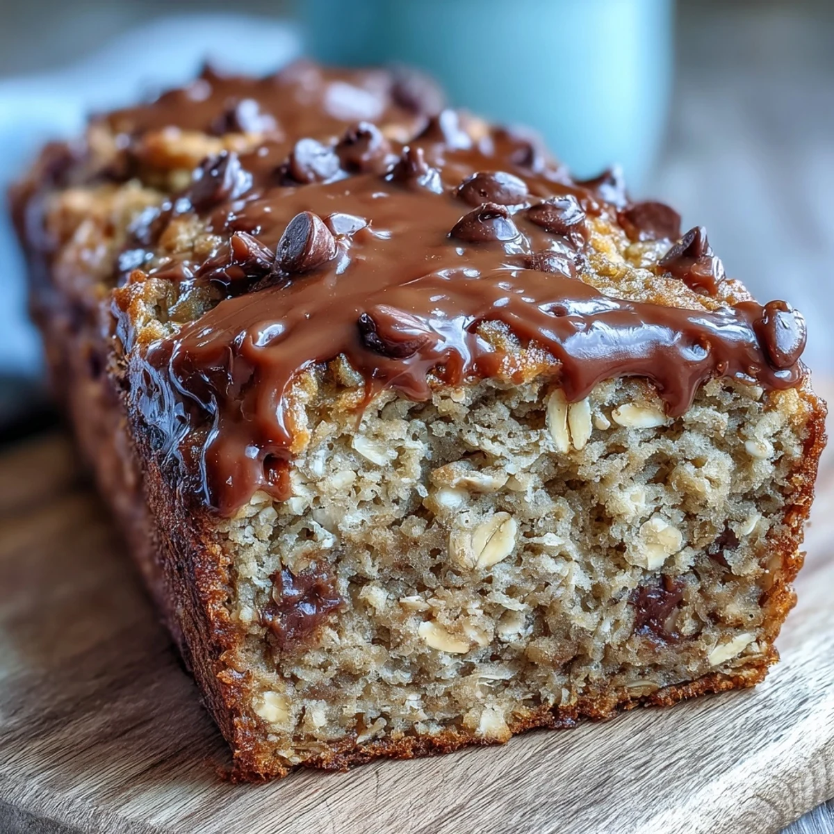 Chocolate chip peanut butter oatmeal banana bread loaf with melty chips.