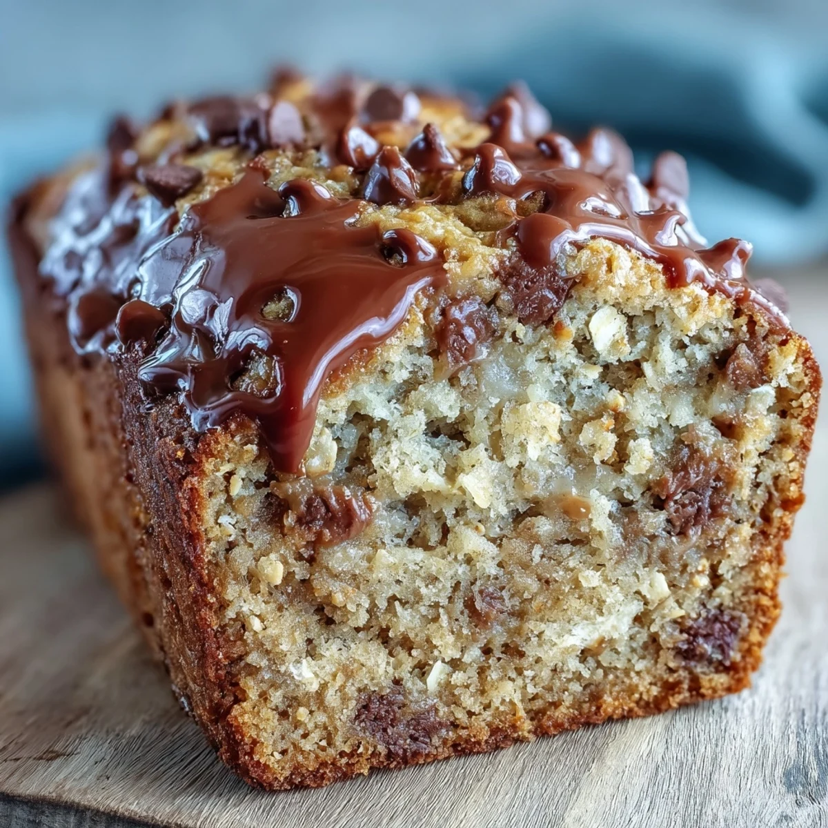 Golden-brown chocolate chip peanut butter oatmeal banana bread, ready to be enjoyed.
