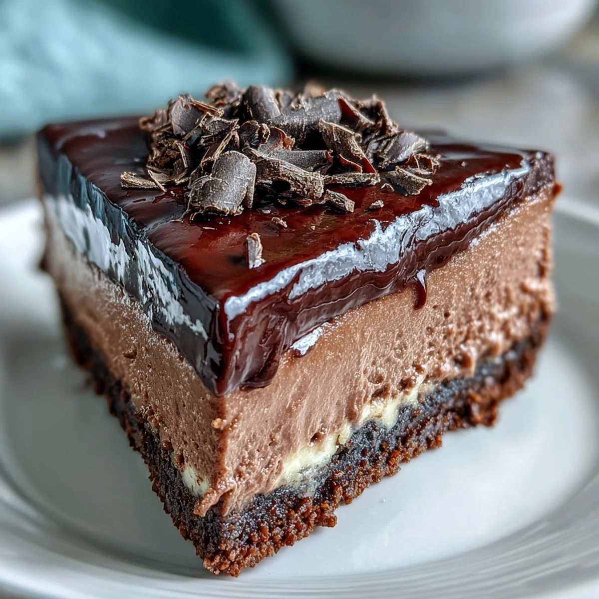 Decadent Lighter Chocolate Cottage Cheese Cheesecake slice, rich and creamy on fork.