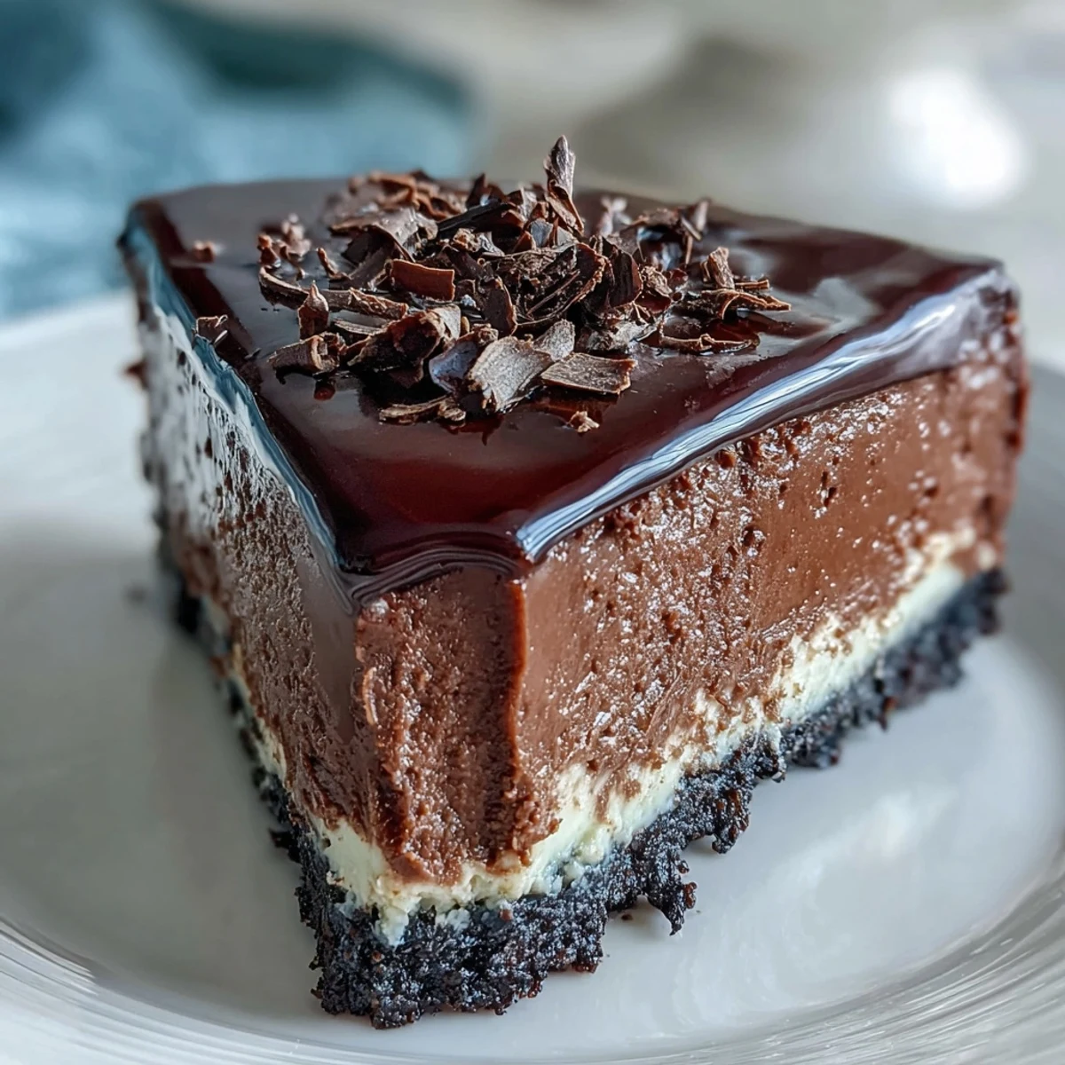 Glossy Lighter Chocolate Cottage Cheese Cheesecake swirls with chocolate shavings.