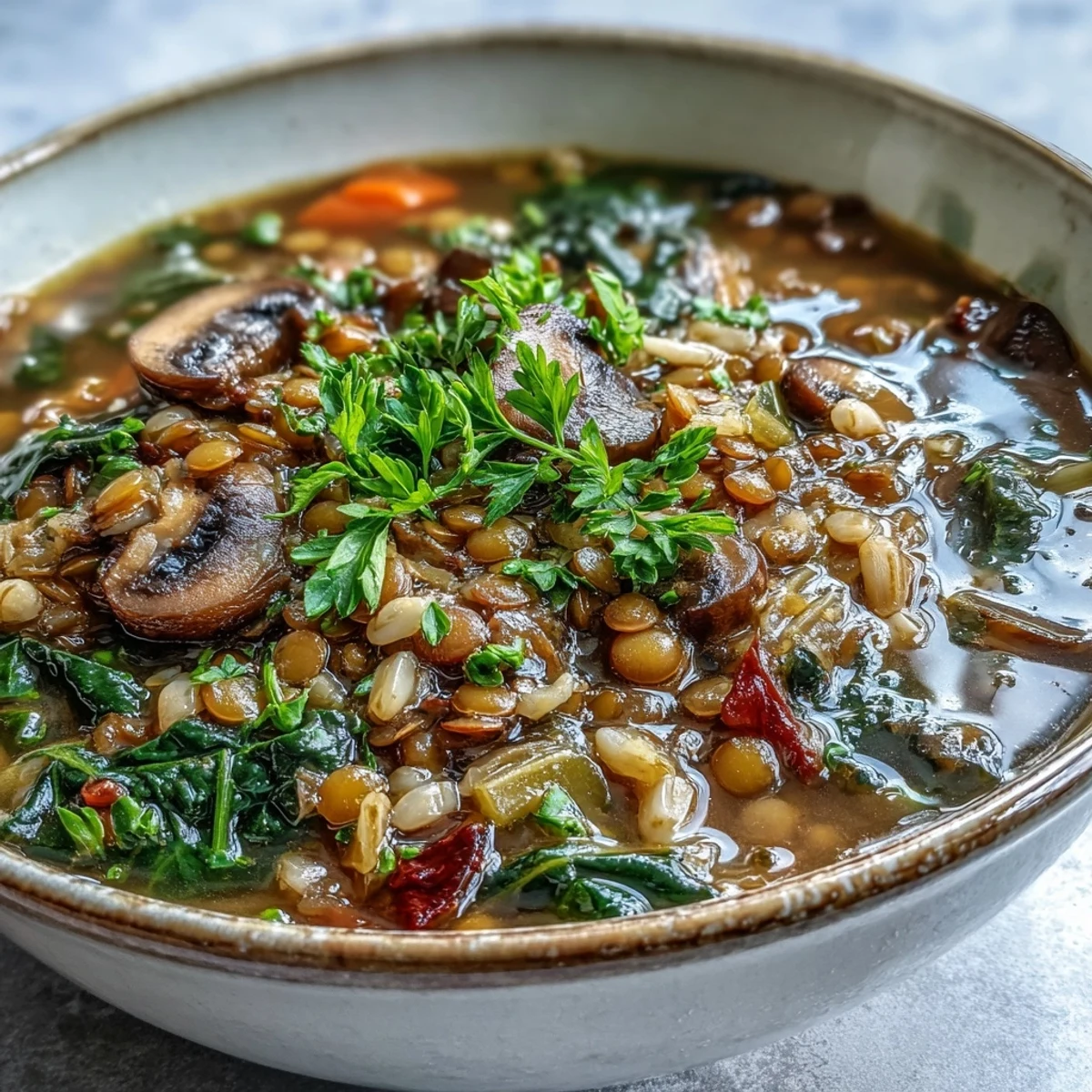 Hearty double lentil and mushroom barley soup, a steaming bowl perfect with crusty bread.