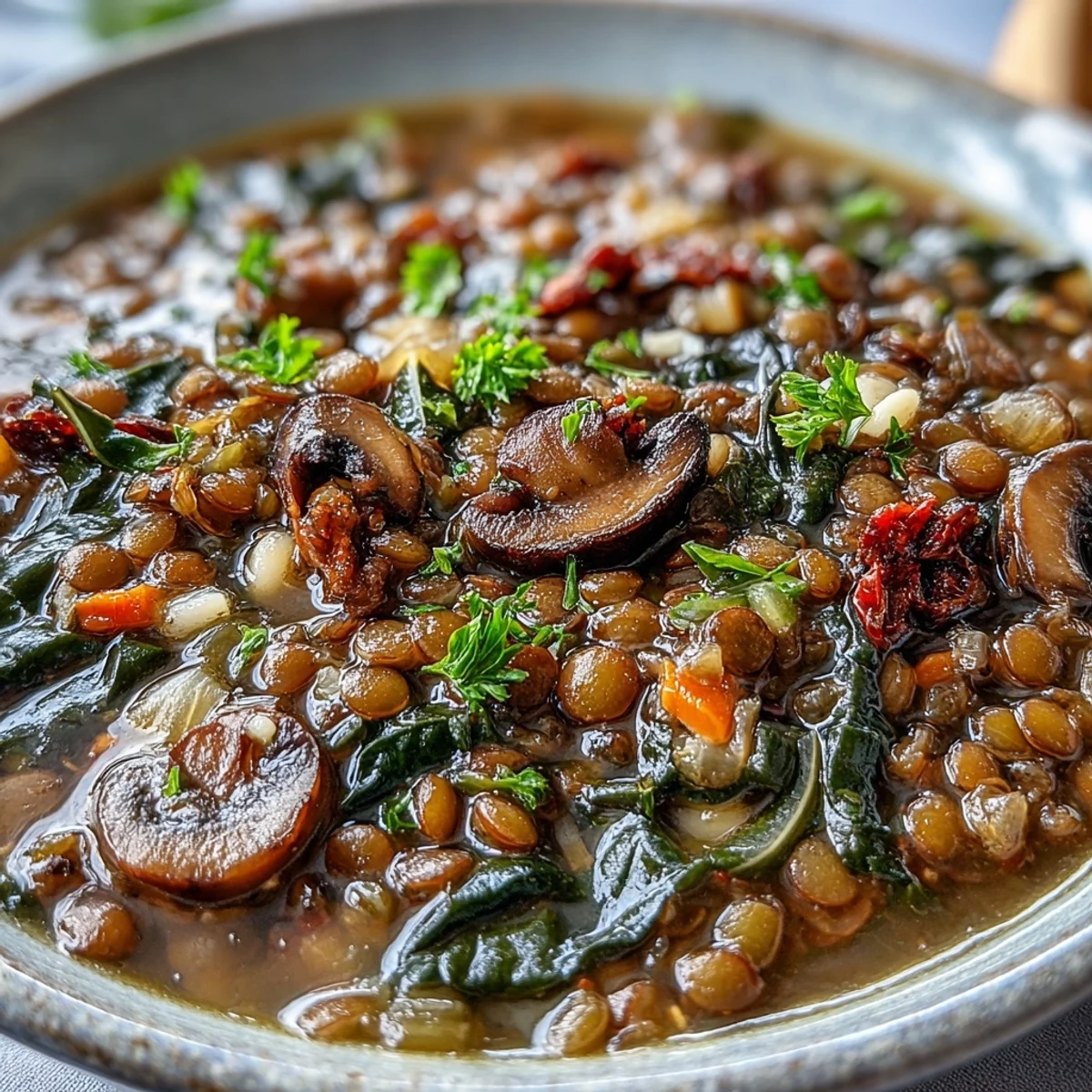 Comforting double lentil soup, showcasing mushrooms and barley in a rich, earthy broth.