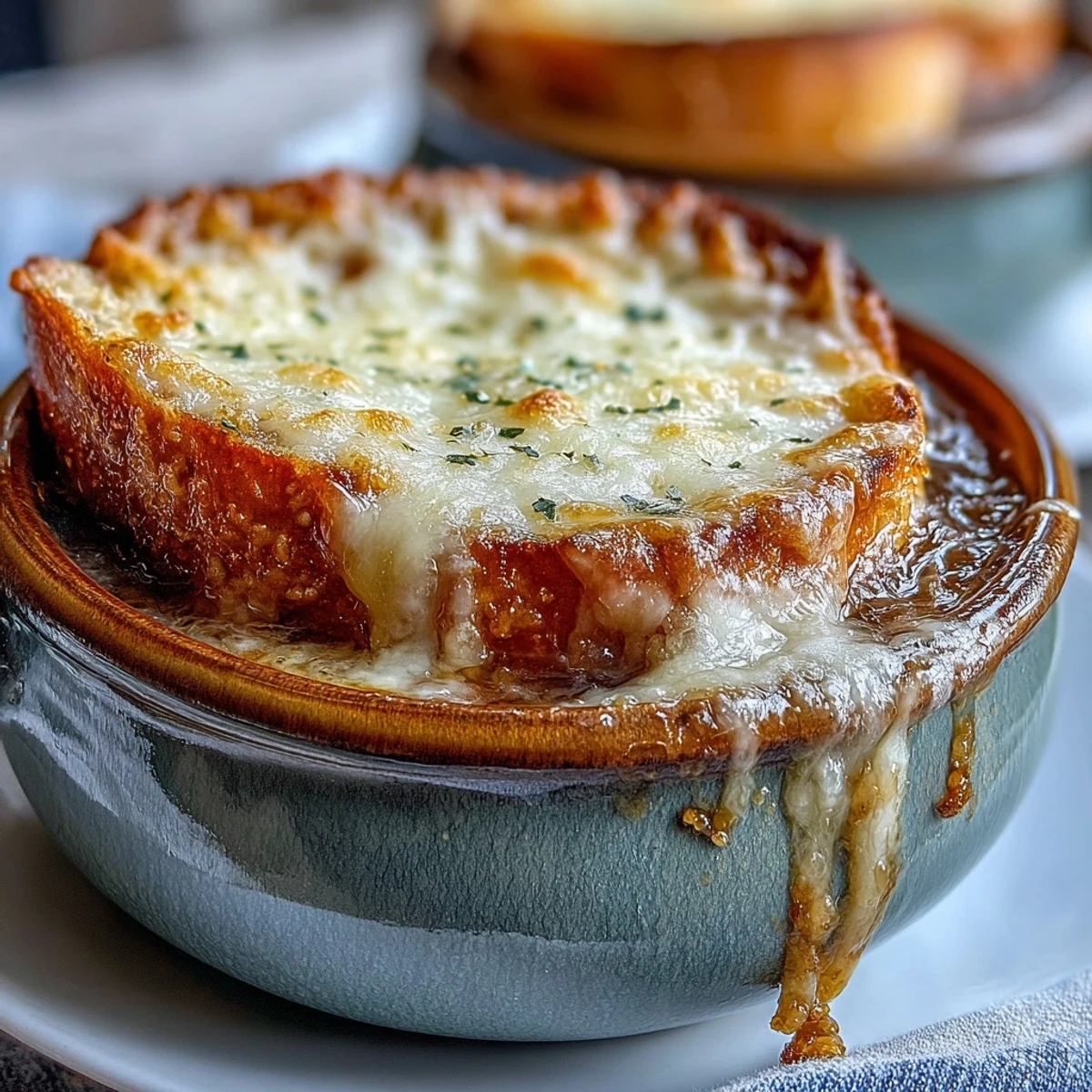 Classic French Onion Soup: Deeply caramelized onions topped with bubbly Gruyère cheese.