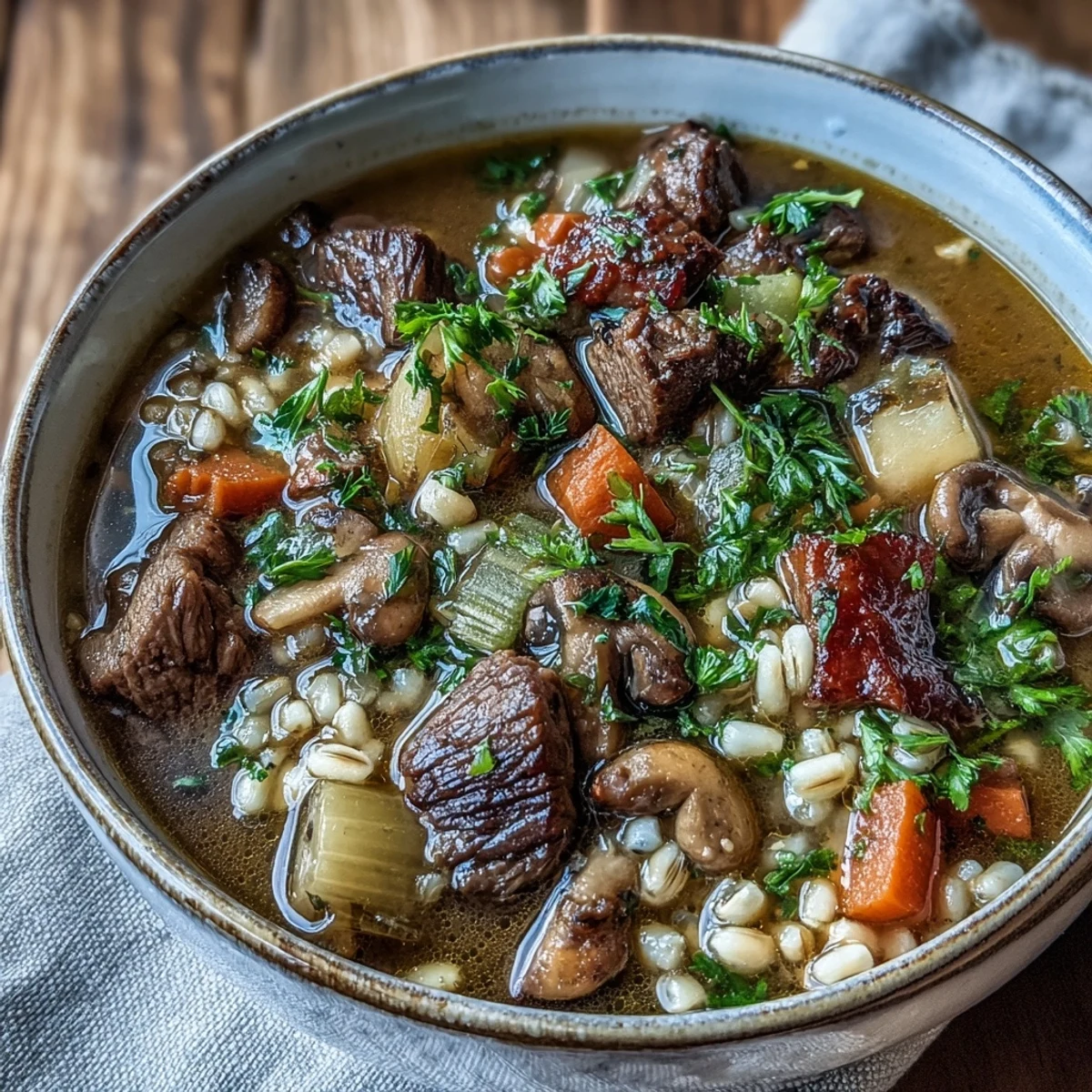 Hearty Beef and Barley Soup, steaming with tender beef and wholesome vegetables.