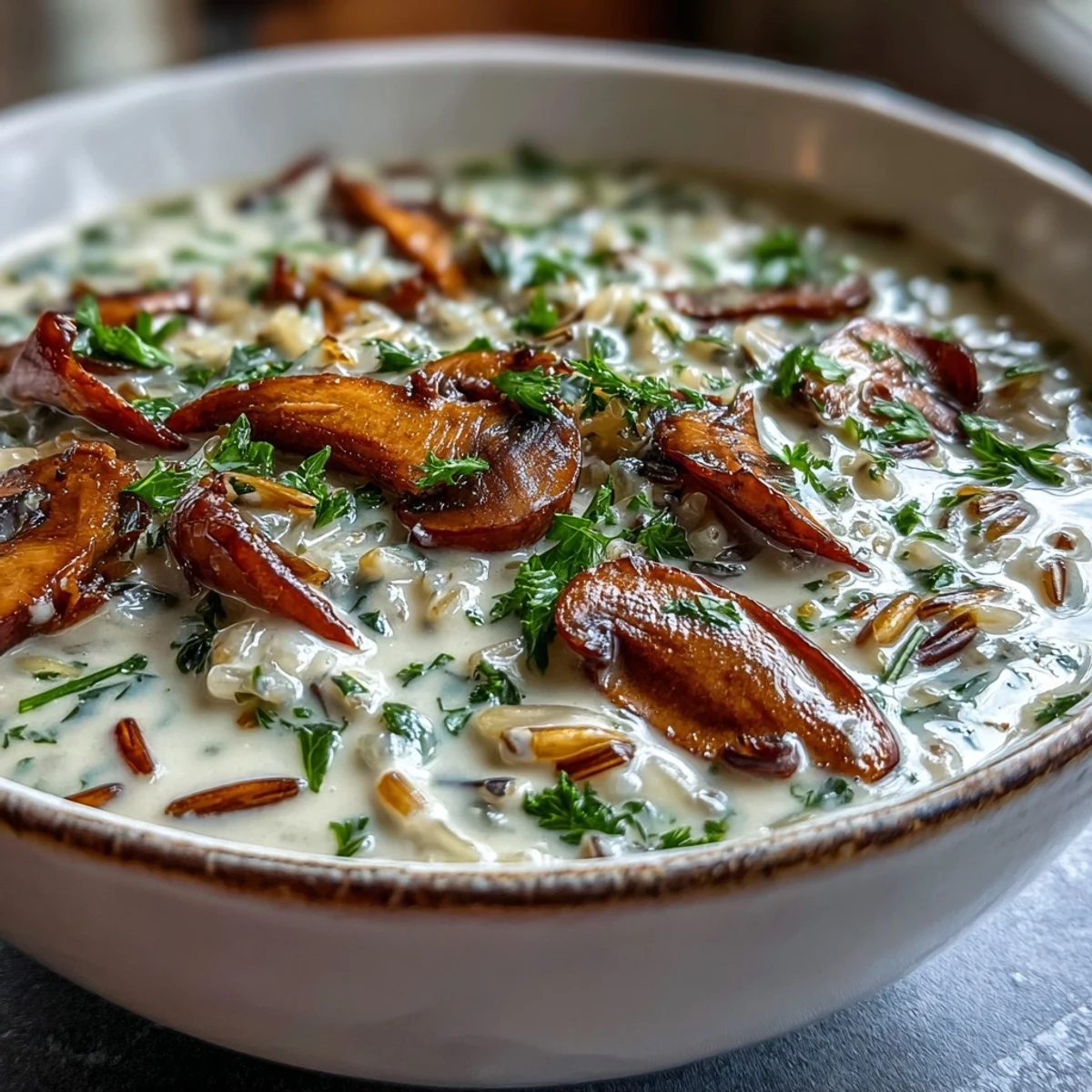 Creamy wild rice mushroom soup garnished with fresh parsley, a hearty bowl.