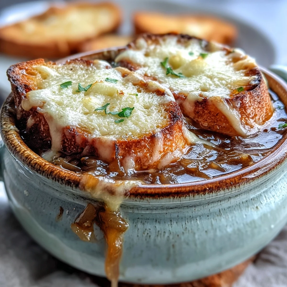 Classic French Onion Soup bubbling with melted Gruyère cheese.