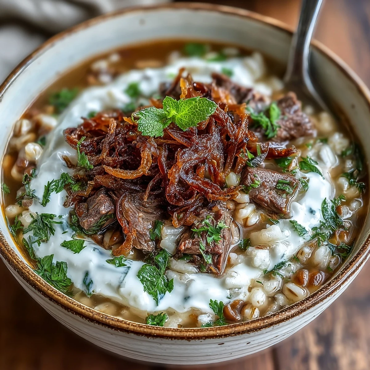 Hearty beef barley soup with tender beef, herbs, and a creamy sour cream swirl.