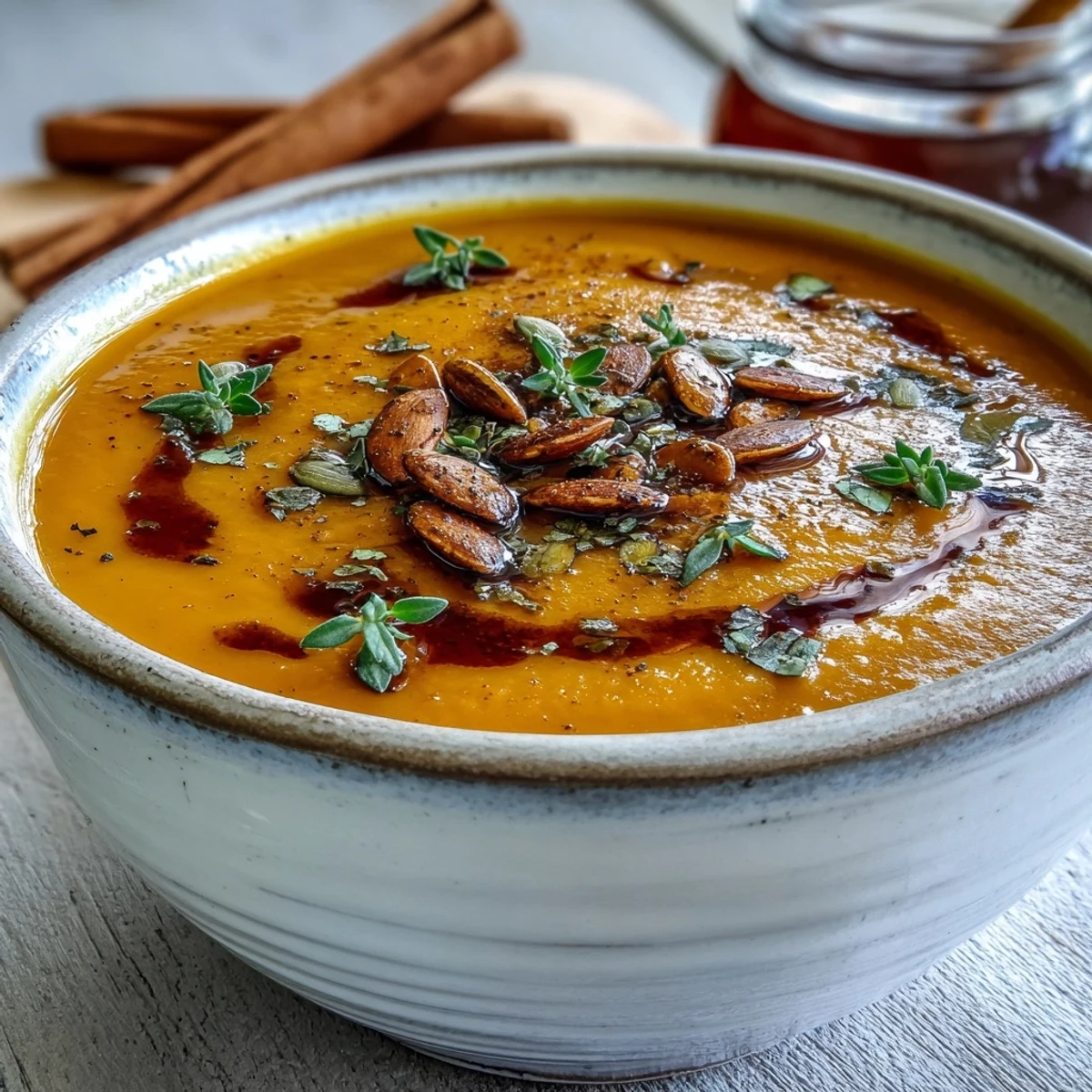 Velvety roasted butternut squash soup, drizzled with maple syrup, boasting warm spice notes.