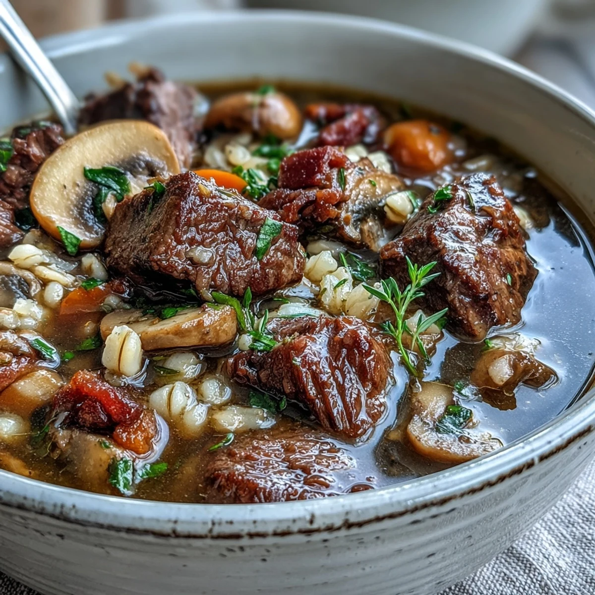 Hearty beef and barley soup with mushrooms, a comforting bowl of tender meat and grains.