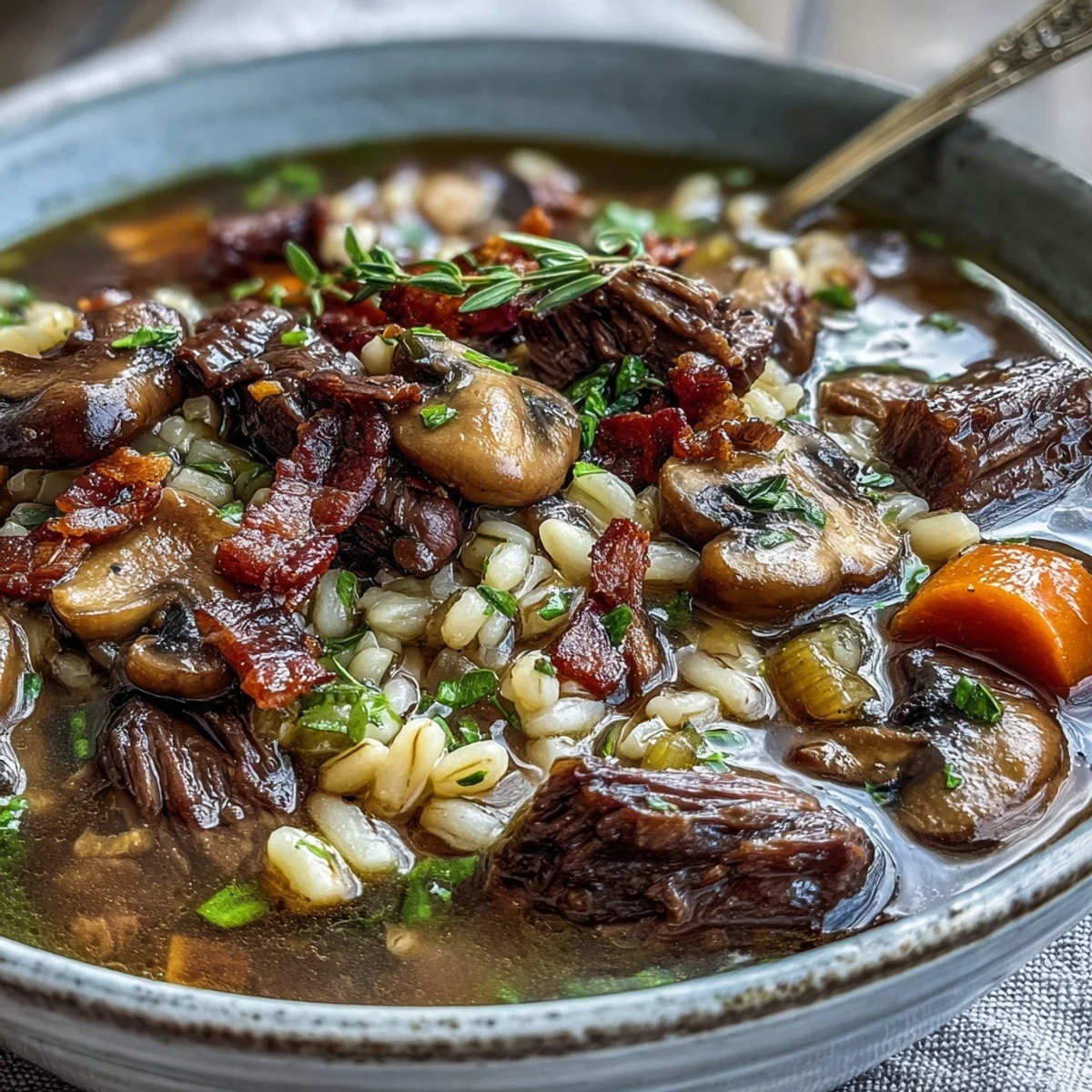 Visualize this rich beef and barley soup, loaded with vegetables and bursting with flavor.