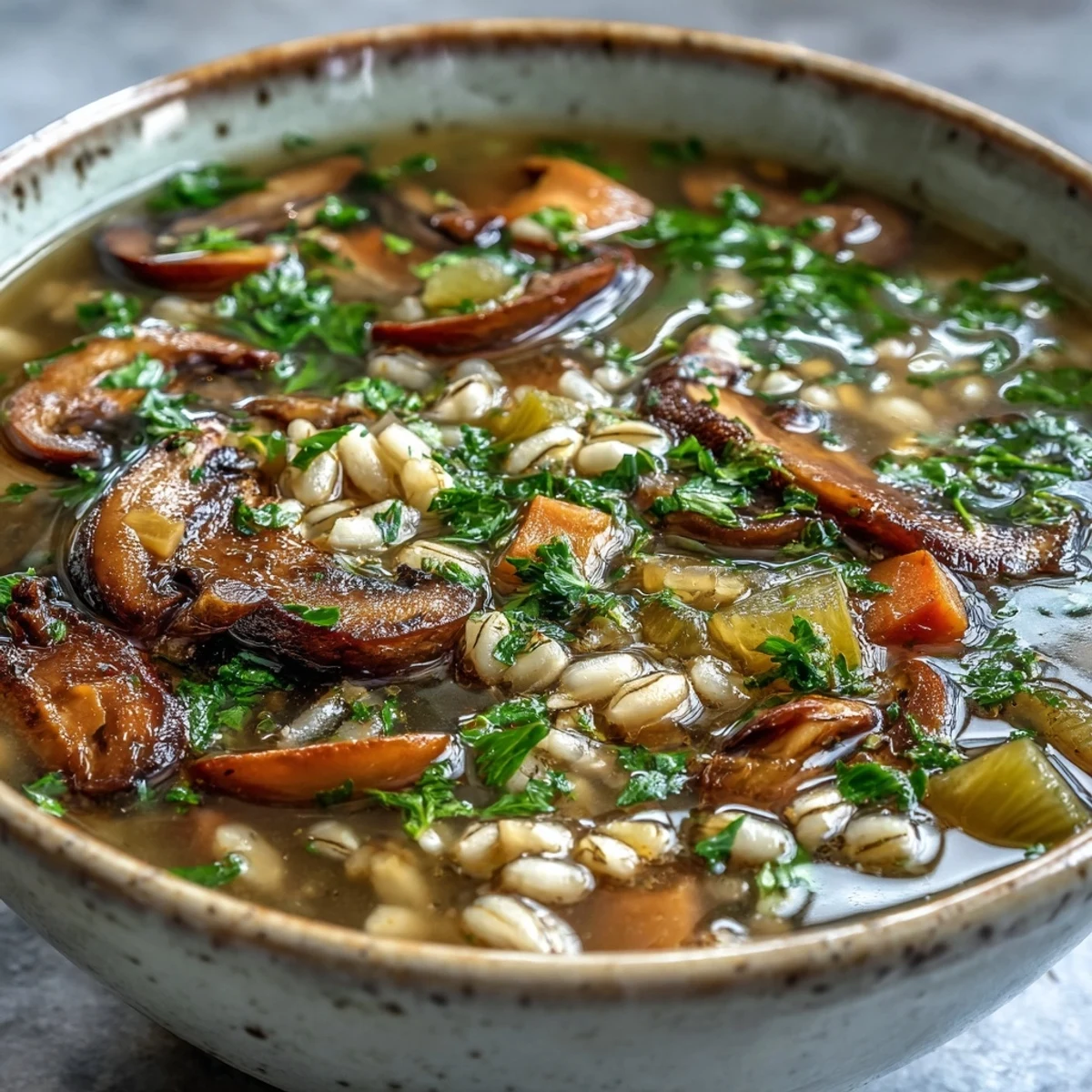 Hearty Mushroom Barley Soup with tender pearl barley, perfect for a cozy meal.