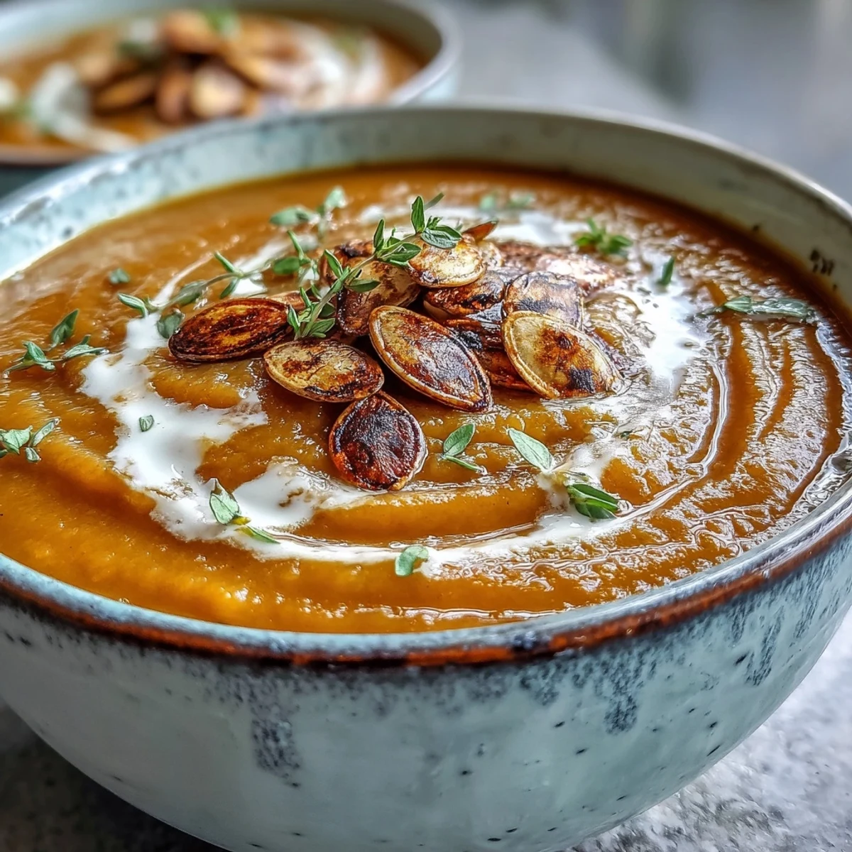 Velvety roasted butternut squash soup, drizzled with cream, perfect for fall.