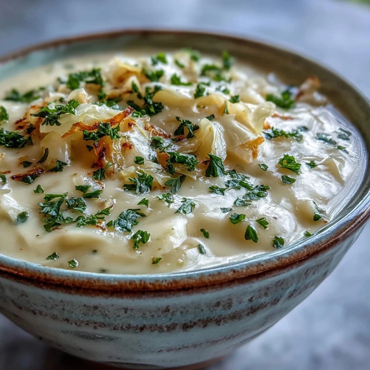 Velvety Creamy Potato Soup with Cabbage steaming in a bowl, sprinkled with thyme and paired with crusty bread