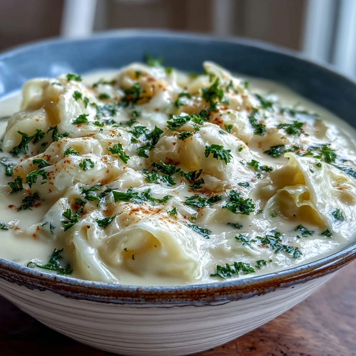 Creamy Potato Soup with Cabbage in a rustic bowl topped with fresh parsley and served beside crusty bread