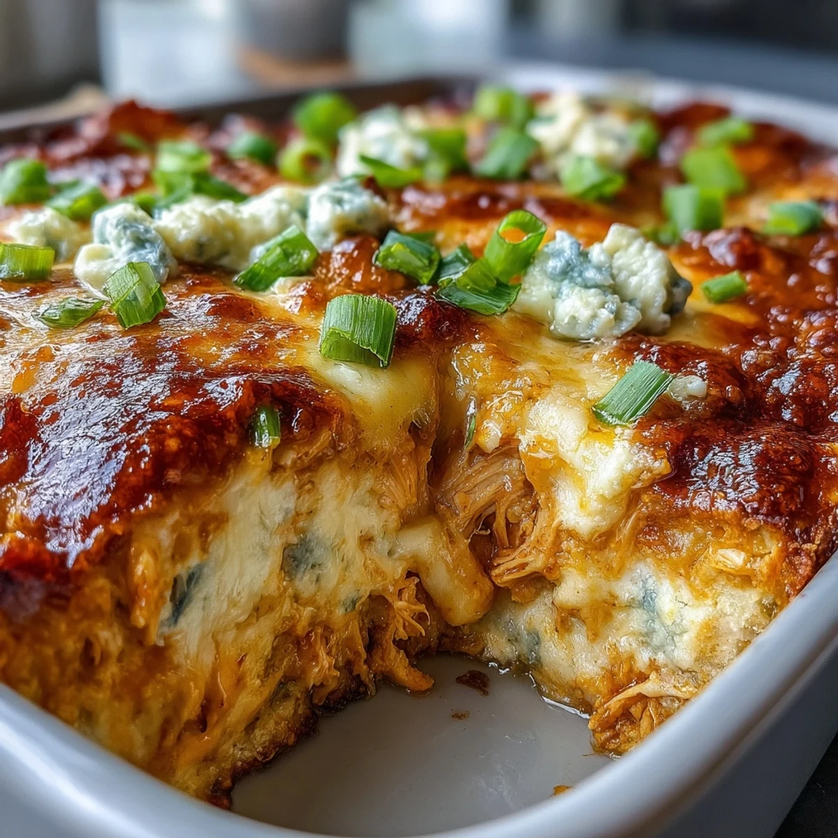 Freshly baked Buffalo Chicken Dip with a golden top, bubbling hot and served with carrot sticks and crisp celery on a wooden table.