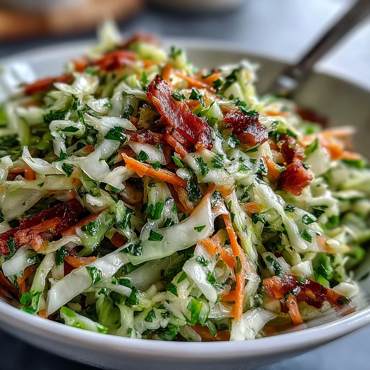 A close-up of crisp German cabbage coleslaw with shredded ham, apple cider vinegar dressing, and caraway seeds, served fresh in a rustic bowl.