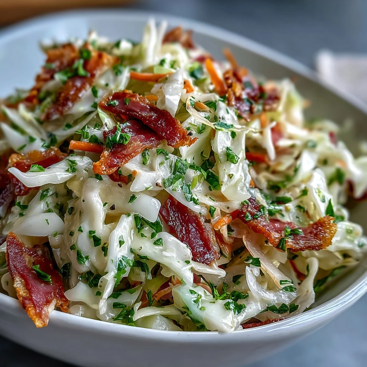 Zesty German cabbage coleslaw with crunchy vegetables and shredded smoked ham, topped with fresh parsley and ready to serve as a vibrant side dish.