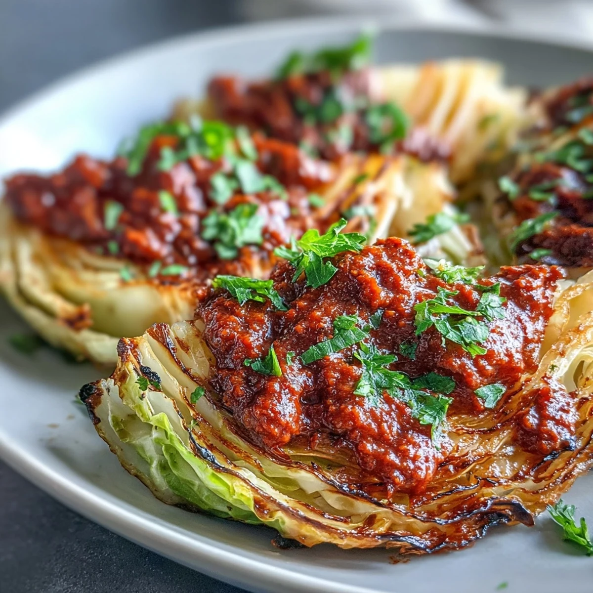 Golden roasted cabbage wedges with deep caramelized edges, drizzled with bold, nutty winter romesco sauce and fresh parsley.
