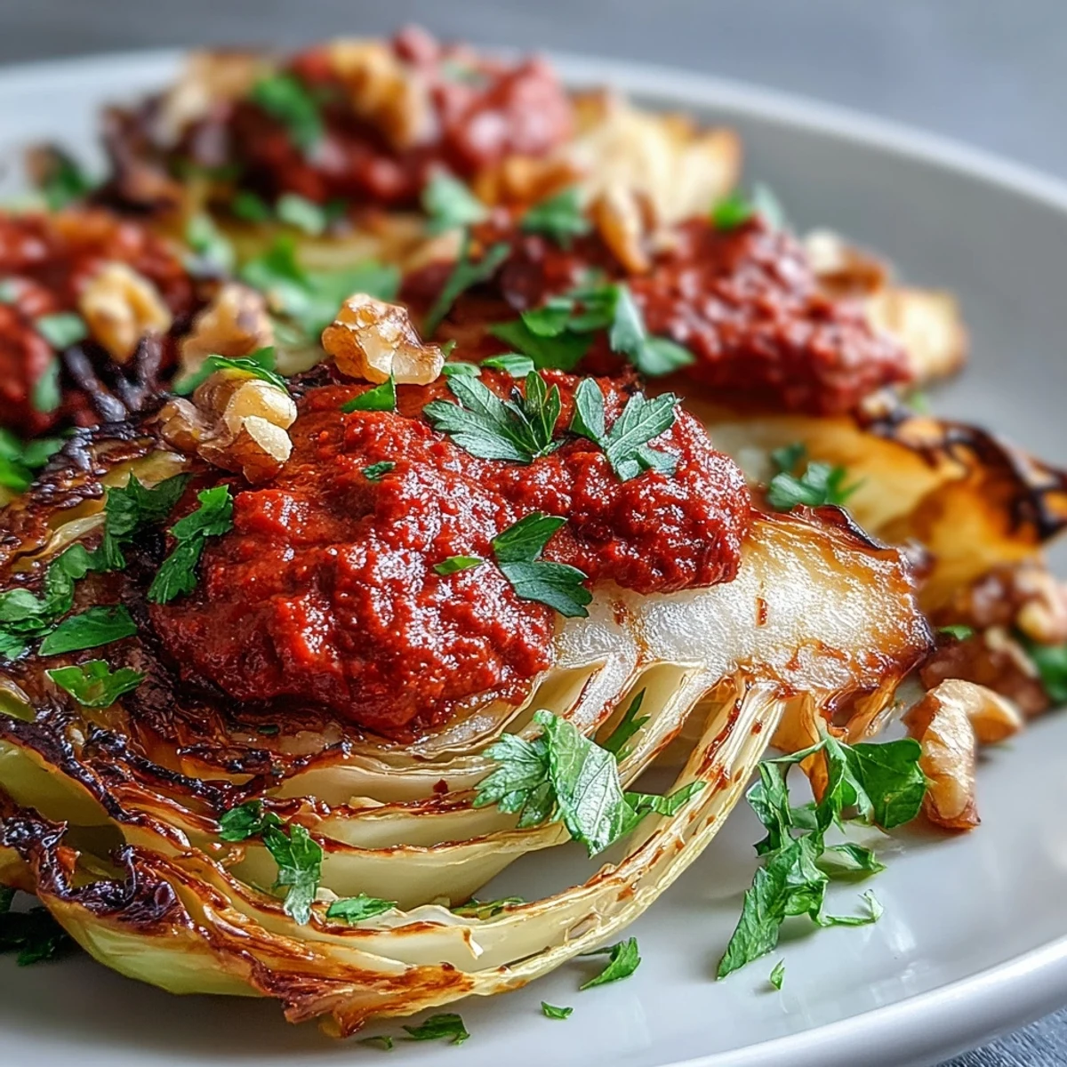 Tender roasted cabbage wedges arranged with vibrant red romesco sauce, chopped parsley, and toasted walnuts for texture.