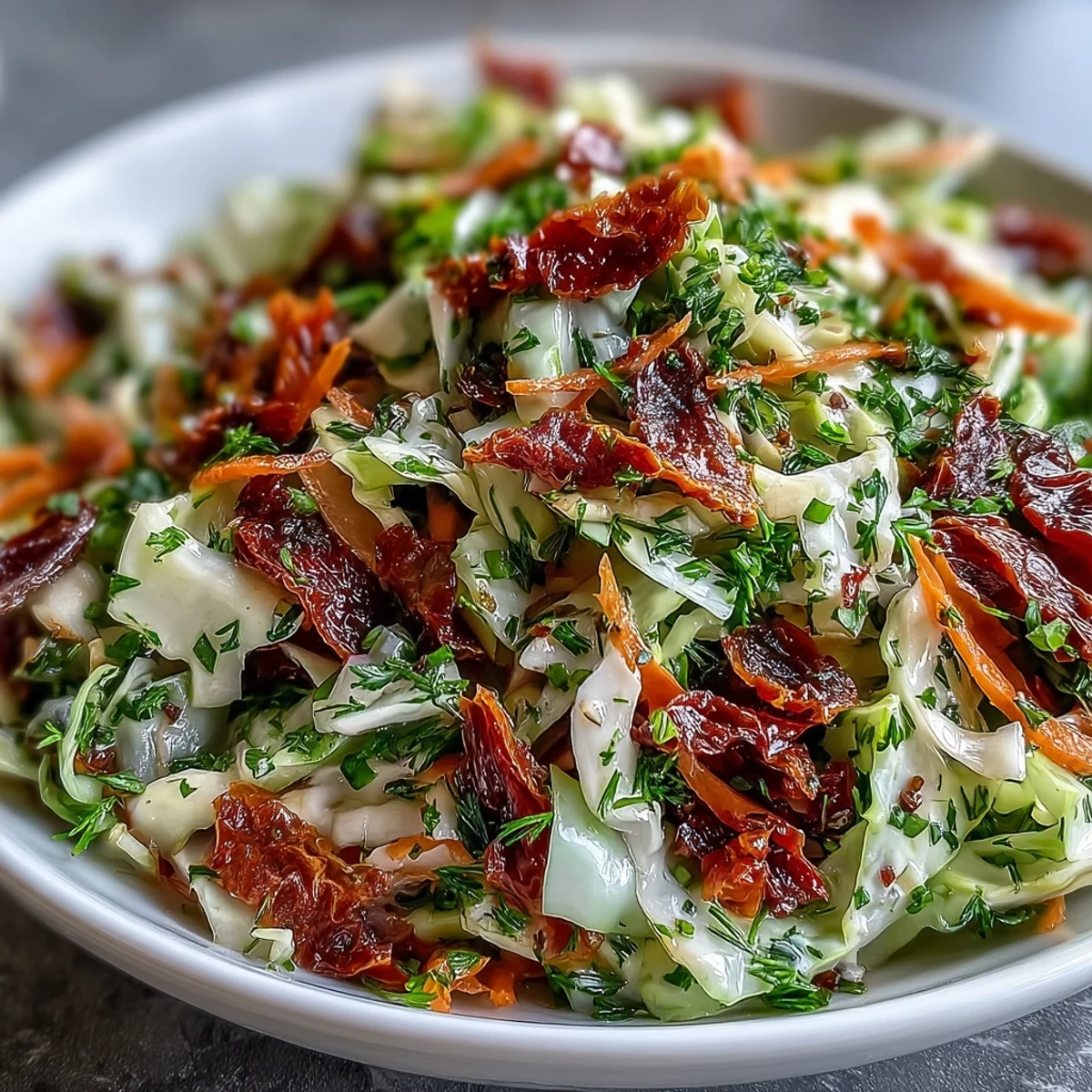 A bowl of Cabbage Salad With Sundried Tomatoes with vibrant red and green cabbage, julienned carrots, and fresh herbs.