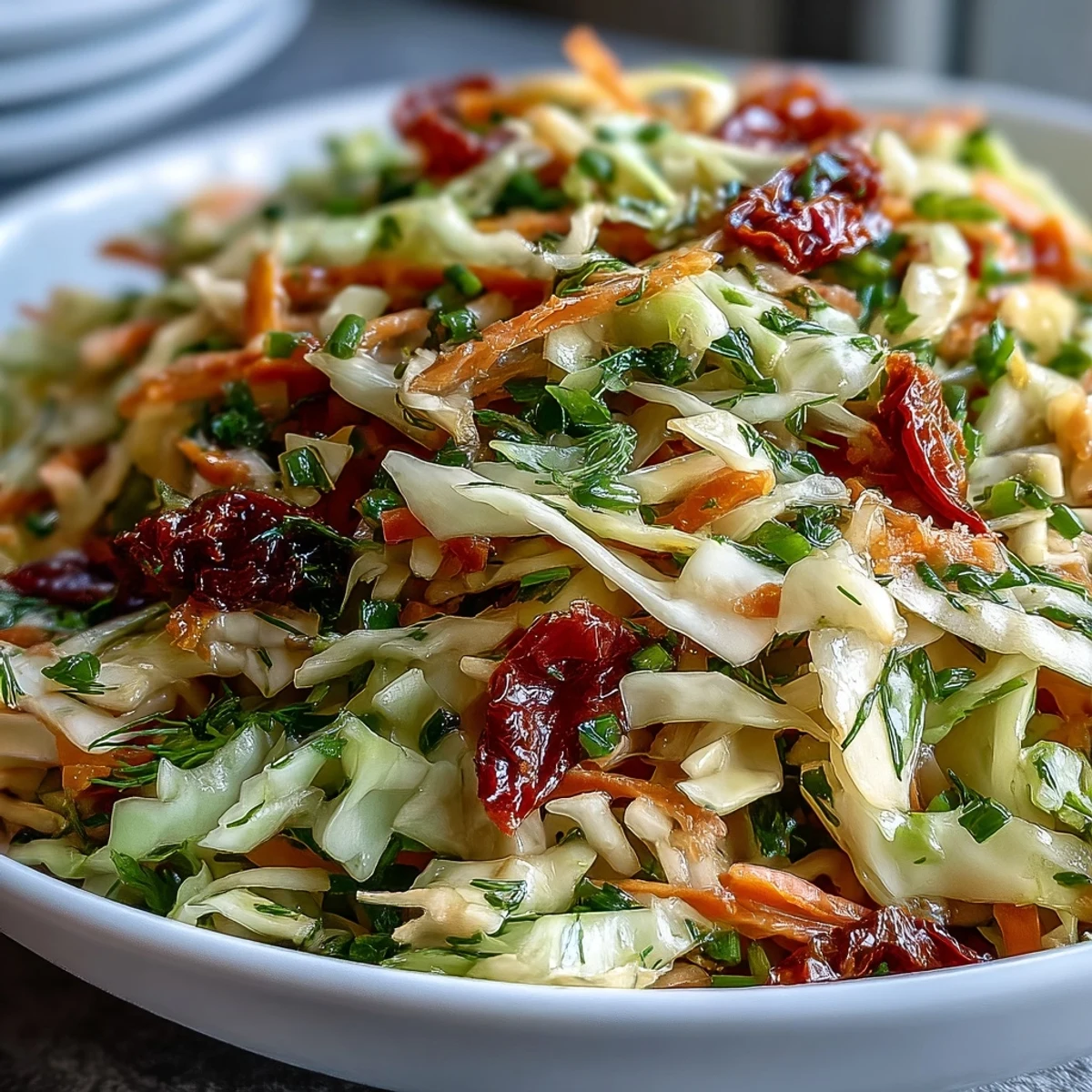 Serve this crisp Cabbage Salad With Sundried Tomatoes as a light lunch or side, topped with sun-dried tomatoes.