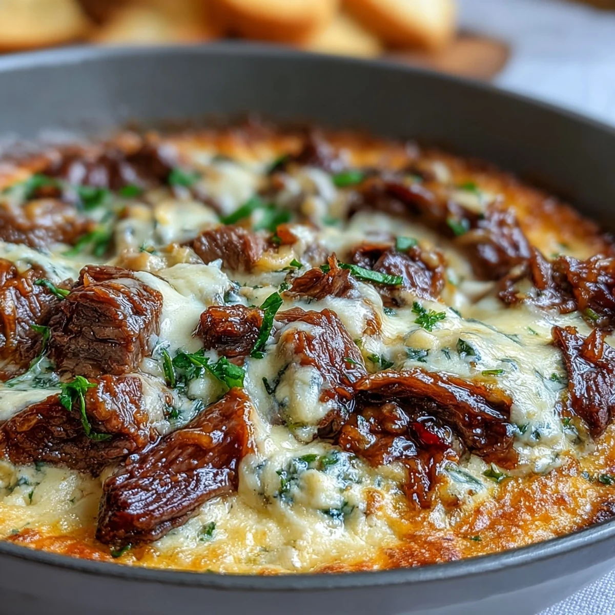 Spicy chips surround a warm, homemade Philly Cheesesteak Dip fresh from the oven, ready to serve.
