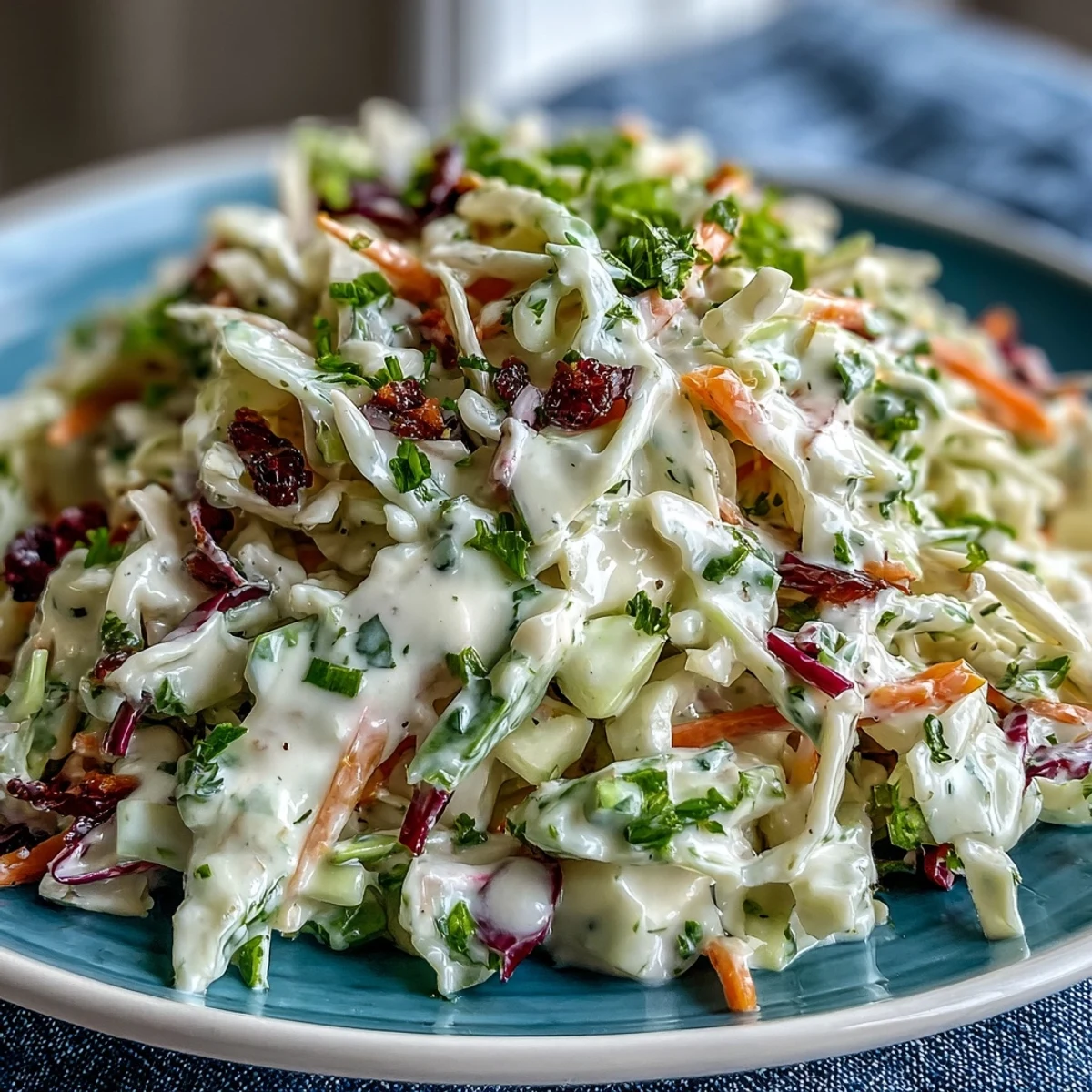 A fresh bowl of Coleslaw With Creamy Dressing, tossed with red onion and celery seed, served chilled.