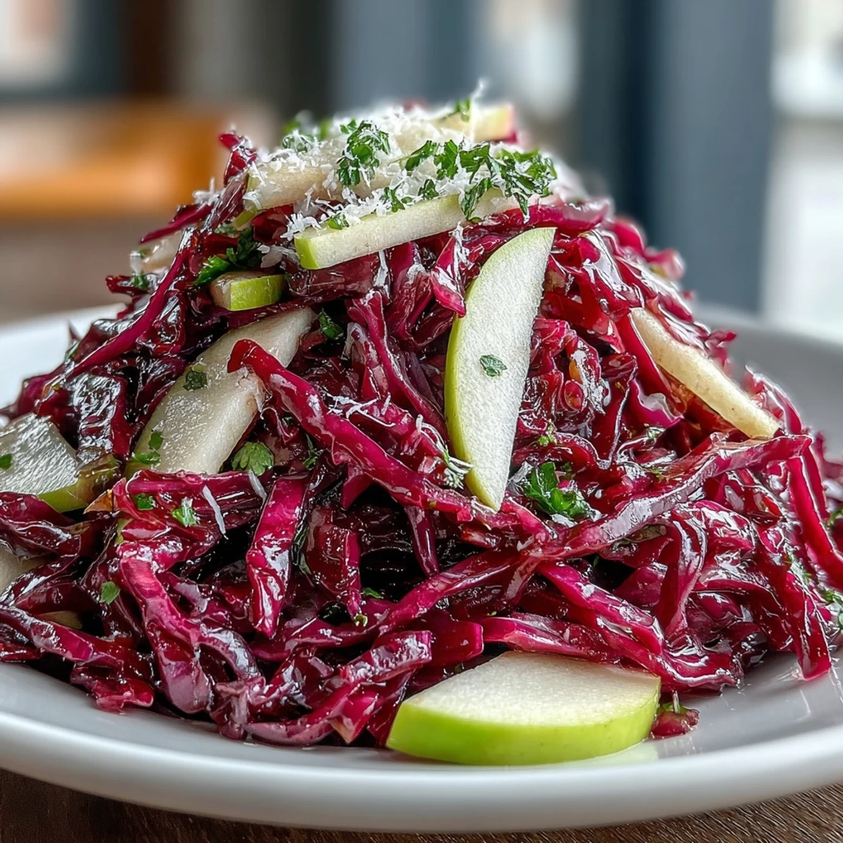 Crunchy red cabbage coleslaw with crisp apple and shaved Parmesan, tossed with spring onions and fresh parsley garnish.  