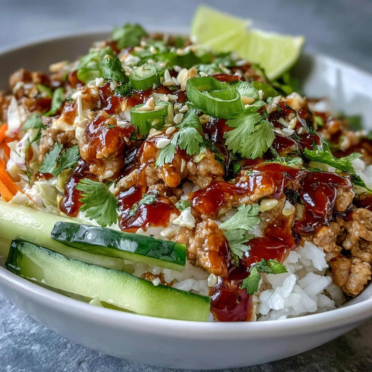 Bang Bang Ground Turkey Rice Bowls feature crunchy carrots, cucumbers, and scallions with sesame seeds.  