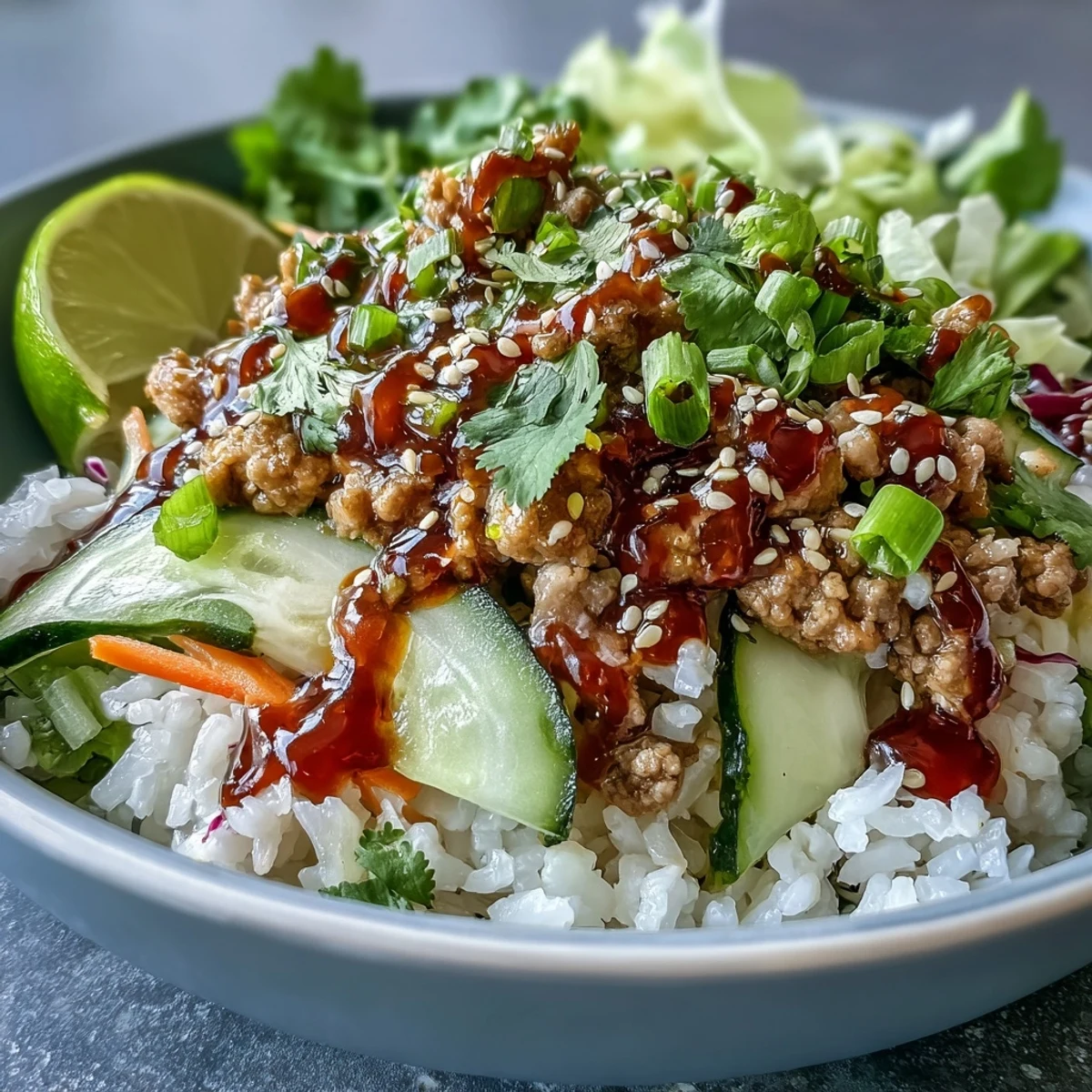 Juicy turkey in spicy mayo sauce layered on rice with vibrant cabbage and cilantro garnish.