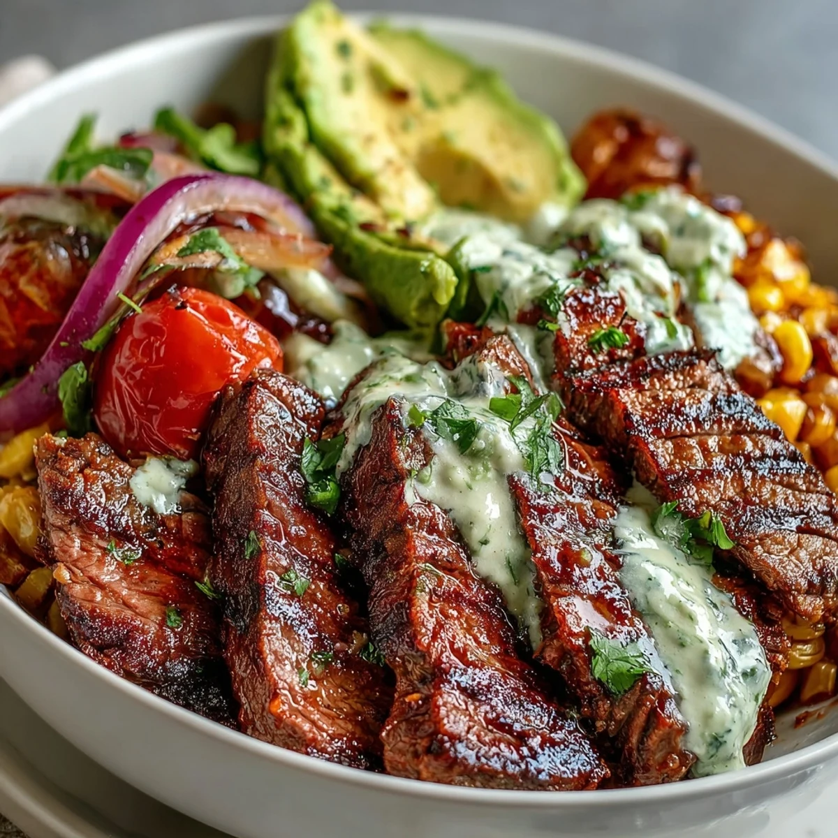 Sliced avocado, cherry tomatoes, and Cotija cheese add vibrant color to the Steak, Avocado, and Roasted Corn Bowl, served with lime wedges.