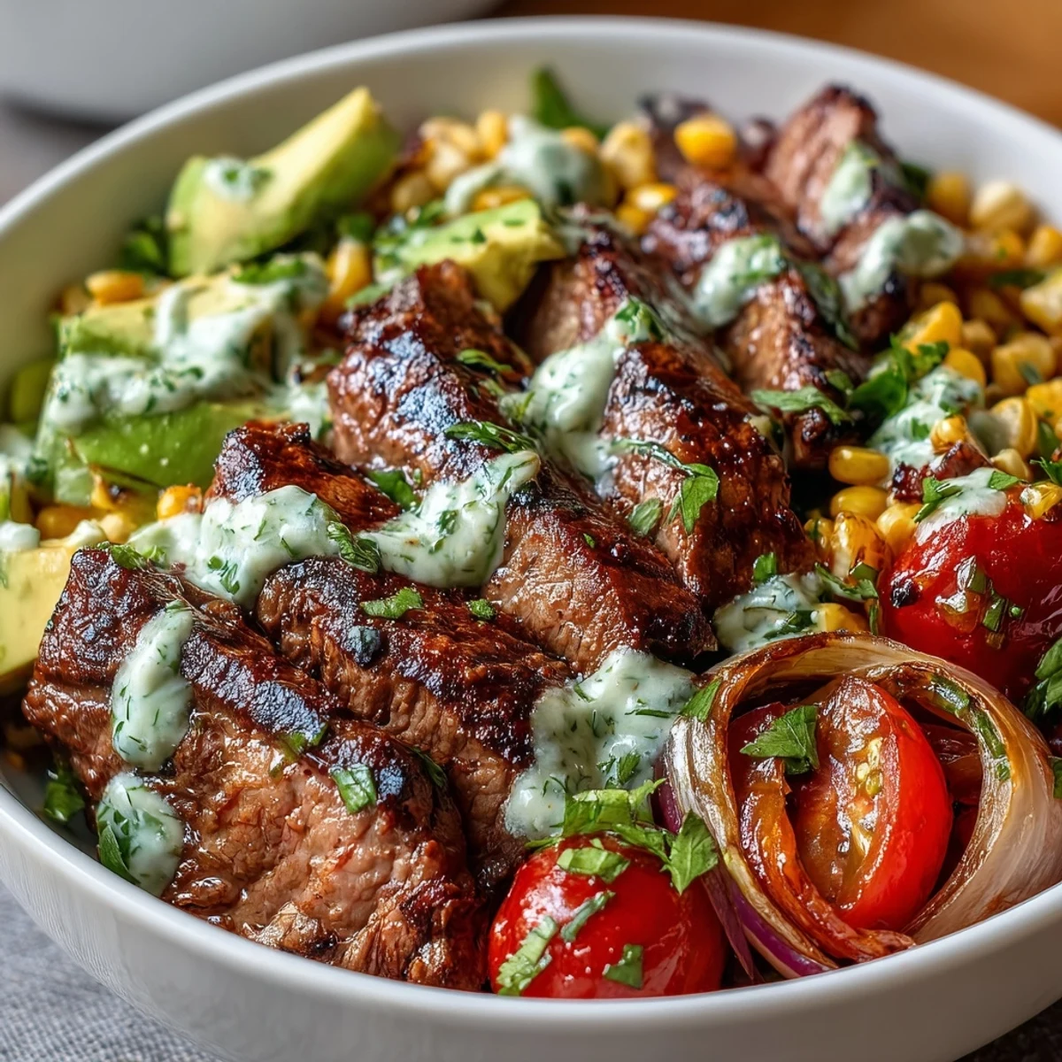 A drizzle of zesty cilantro cream sauce coats tender steak, roasted corn, and avocado slices in this hearty Steak, Avocado, and Roasted Corn Bowl.