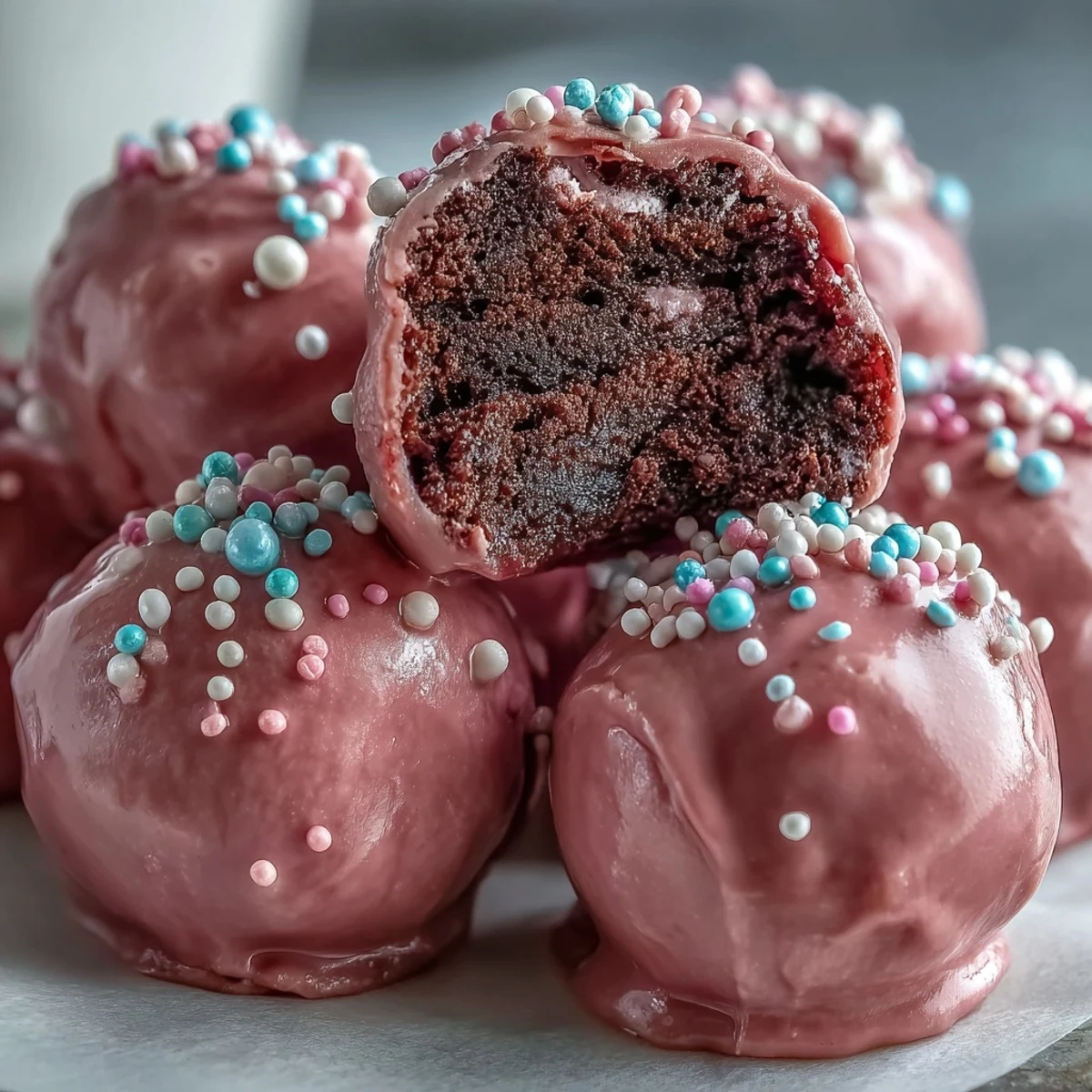 Vibrant pink candy coated Oreo Truffle Balls stacked high on a dessert platter, glistening with edible pearls for a sweet, elegant finish.