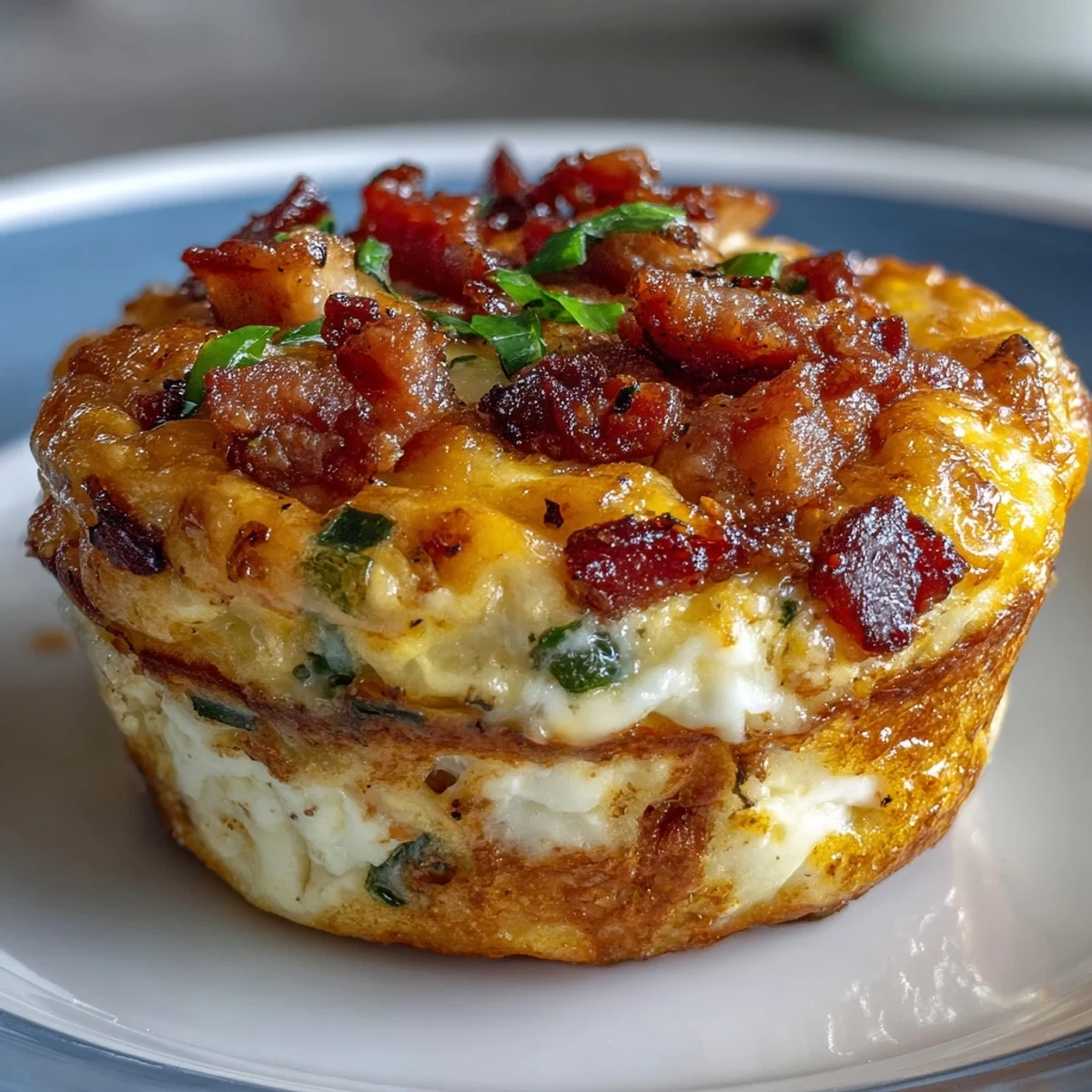 Golden-brown Breakfast Egg Muffins with cheddar, bell peppers, and crumbled bacon, served warm from the oven.