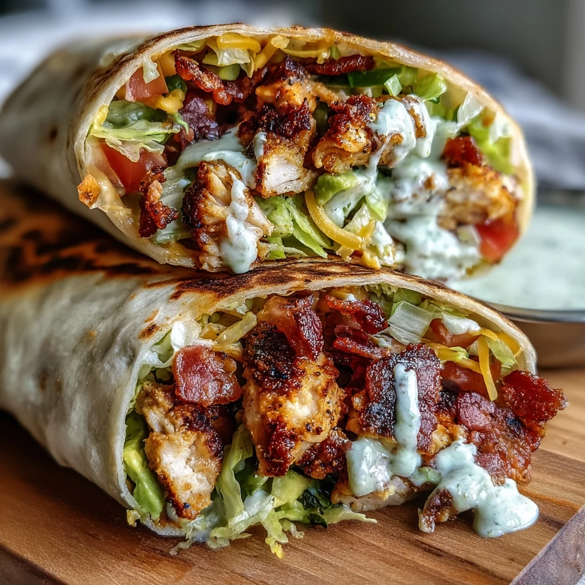 Golden-seared Crispy Chicken Bacon Wrap with melted cheddar, crisp lettuce, and creamy avocado slices on a warm tortilla.