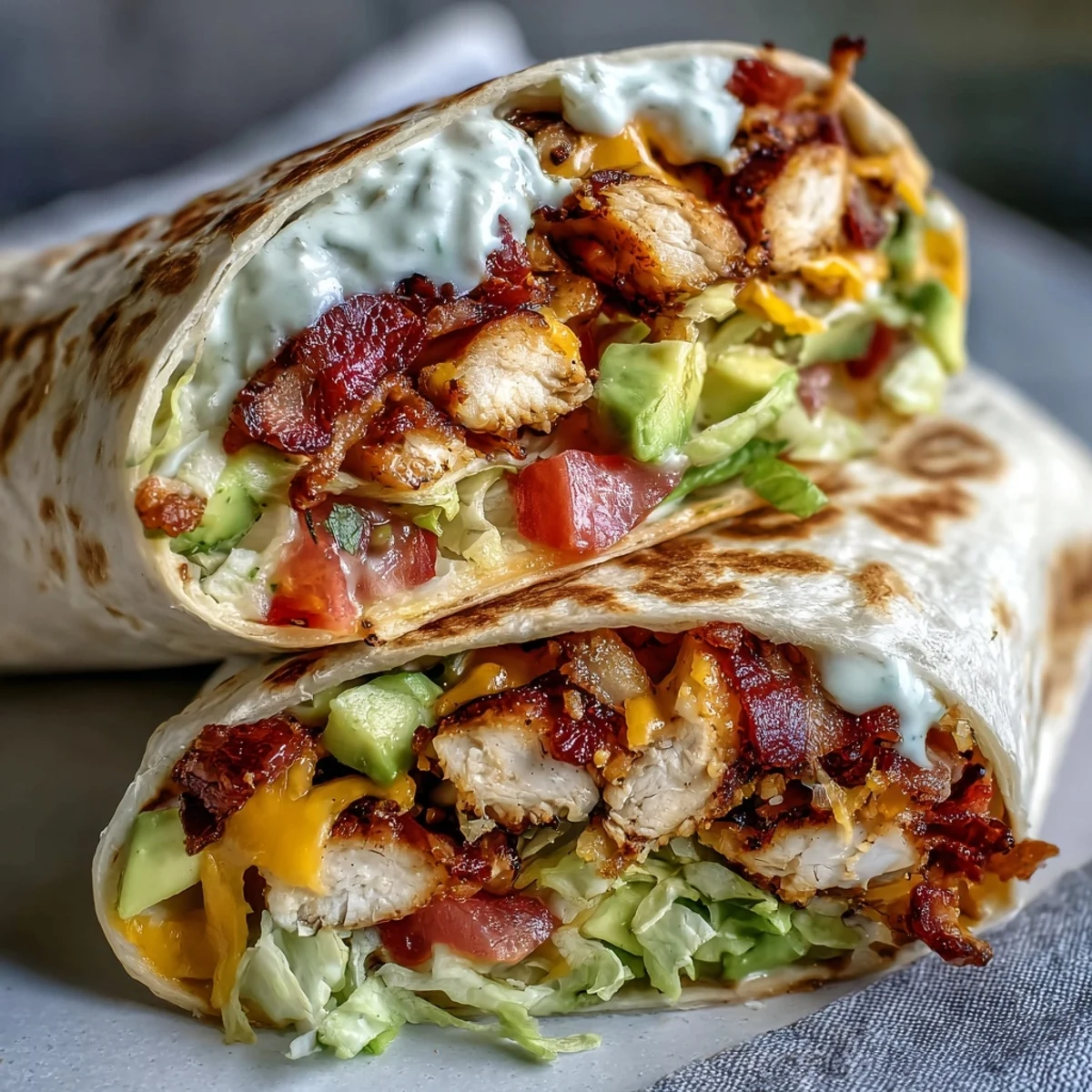 Handheld Crispy Chicken Bacon Wrap with toasted tortilla, diced tomato, and shredded lettuce, served beside a small bowl of dipping sauce.