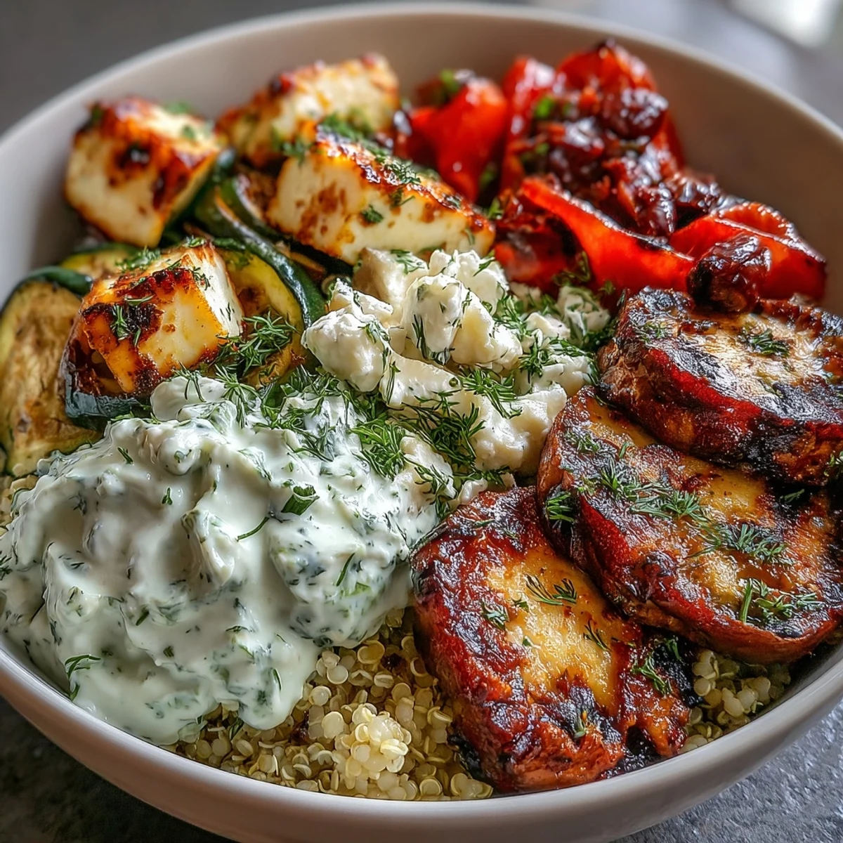Golden-grilled zucchini and bell peppers pile onto nutty quinoa with charred eggplant and chicken for a Healthy Grilled Mediterranean Bowl.